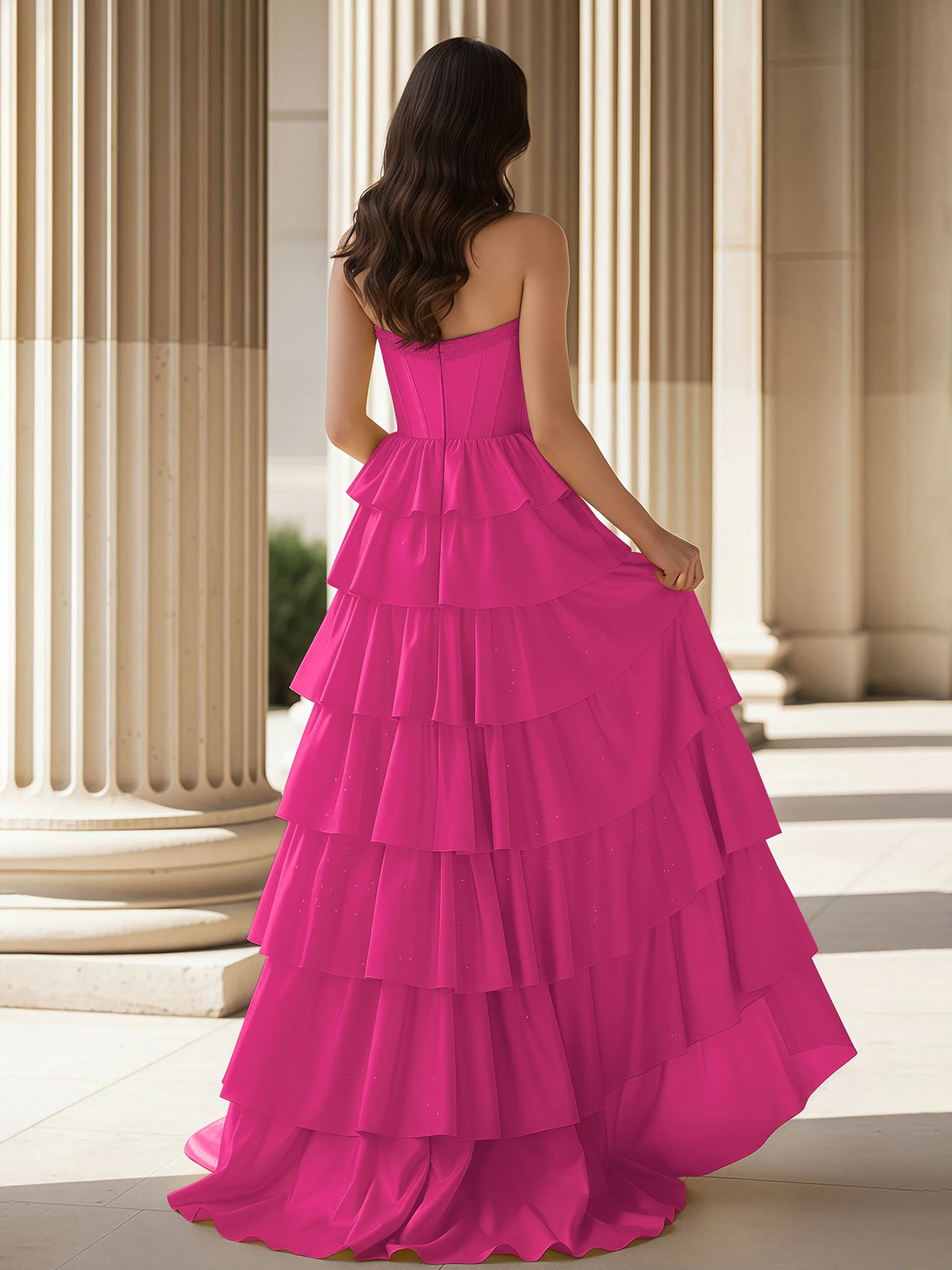 A-Linie Ärmellos Herzform Kleid mit Rüschen Fuchsia - Image 2