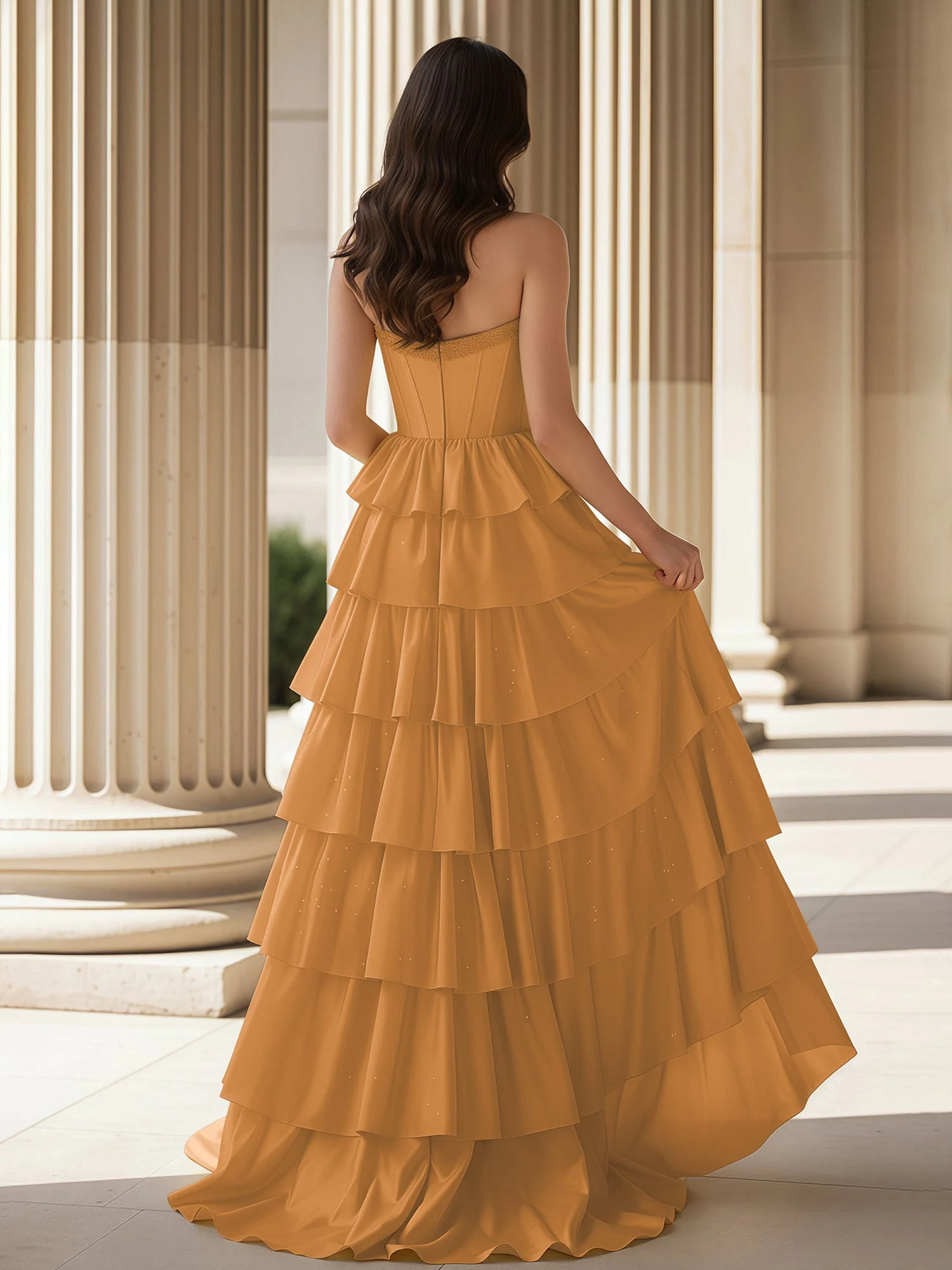 A-Linie Ärmellos Herzform Kleid mit Rüschen Gold - Image 2