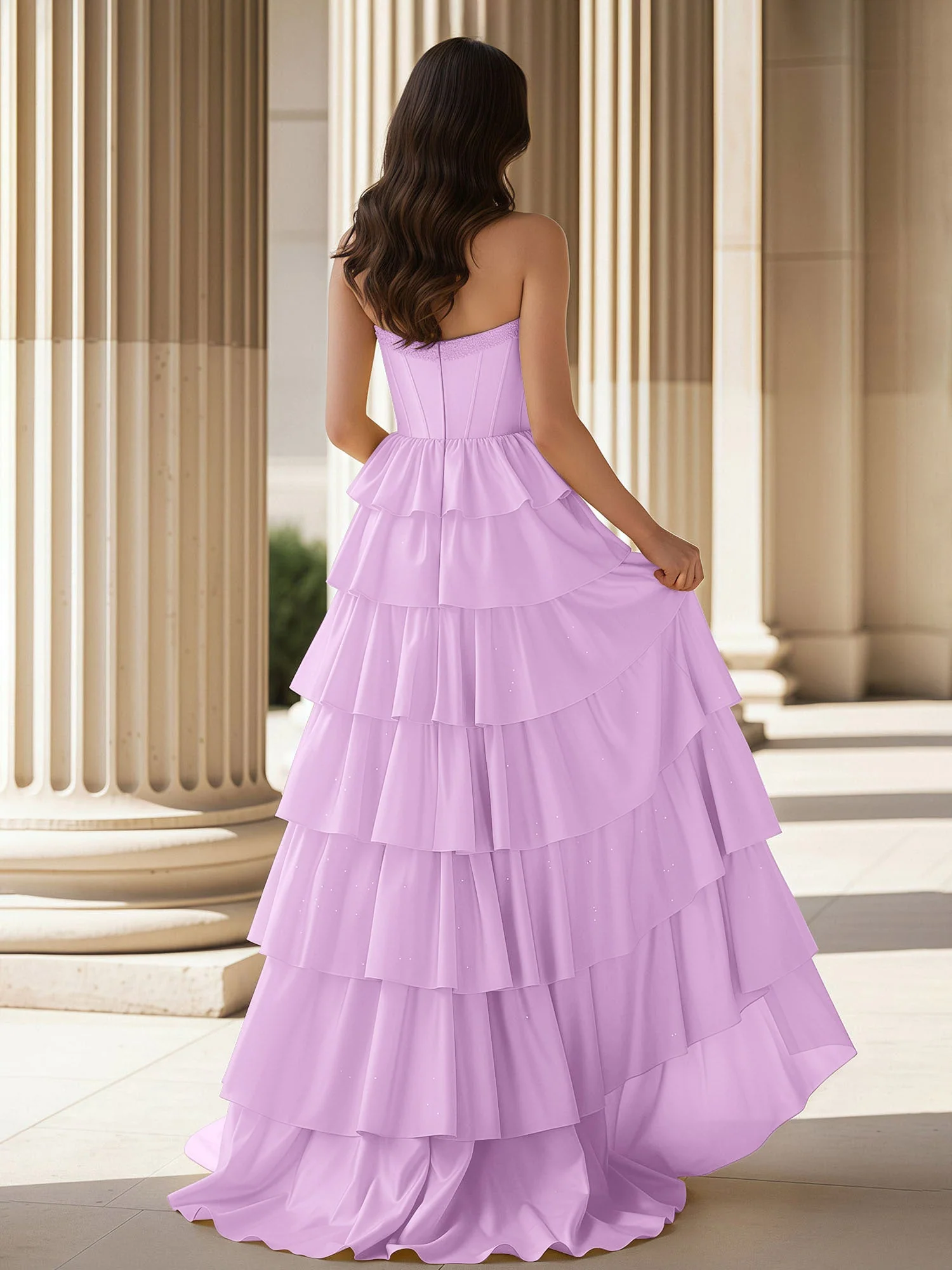 A-Linie Ärmellos Herzform Kleid mit Rüschen Lila - Image 2