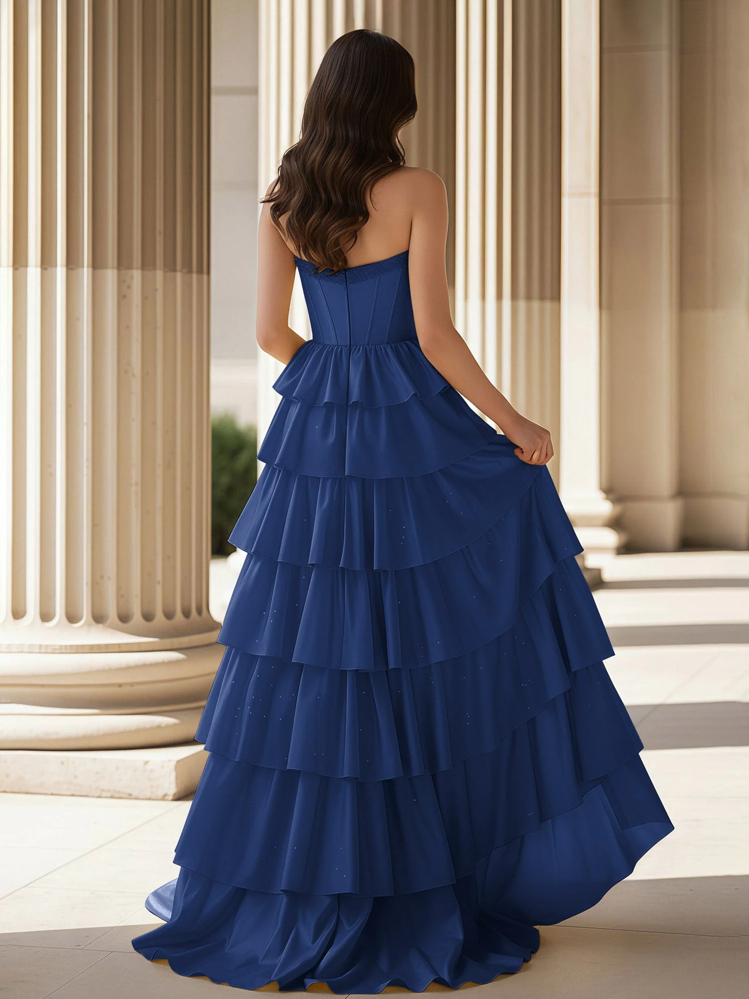 A-Linie Ärmellos Herzform Kleid mit Rüschen Marineblau - Image 2