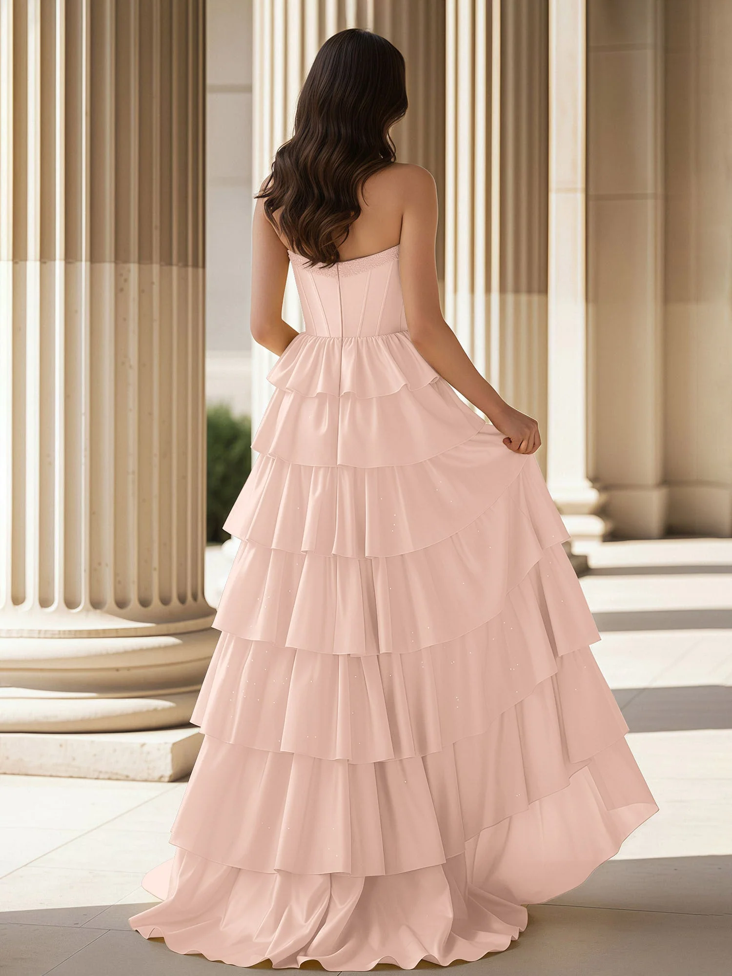 A-Linie Ärmellos Herzform Kleid mit Rüschen Perlrosa - Image 2