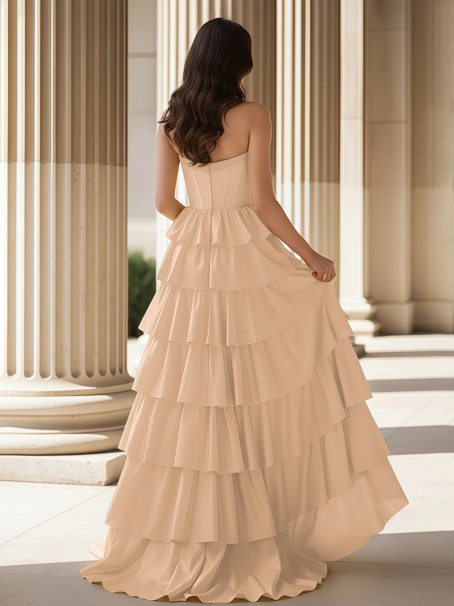 A-Linie Ärmellos Herzform Kleid mit Rüschen Pfirsich - Image 2