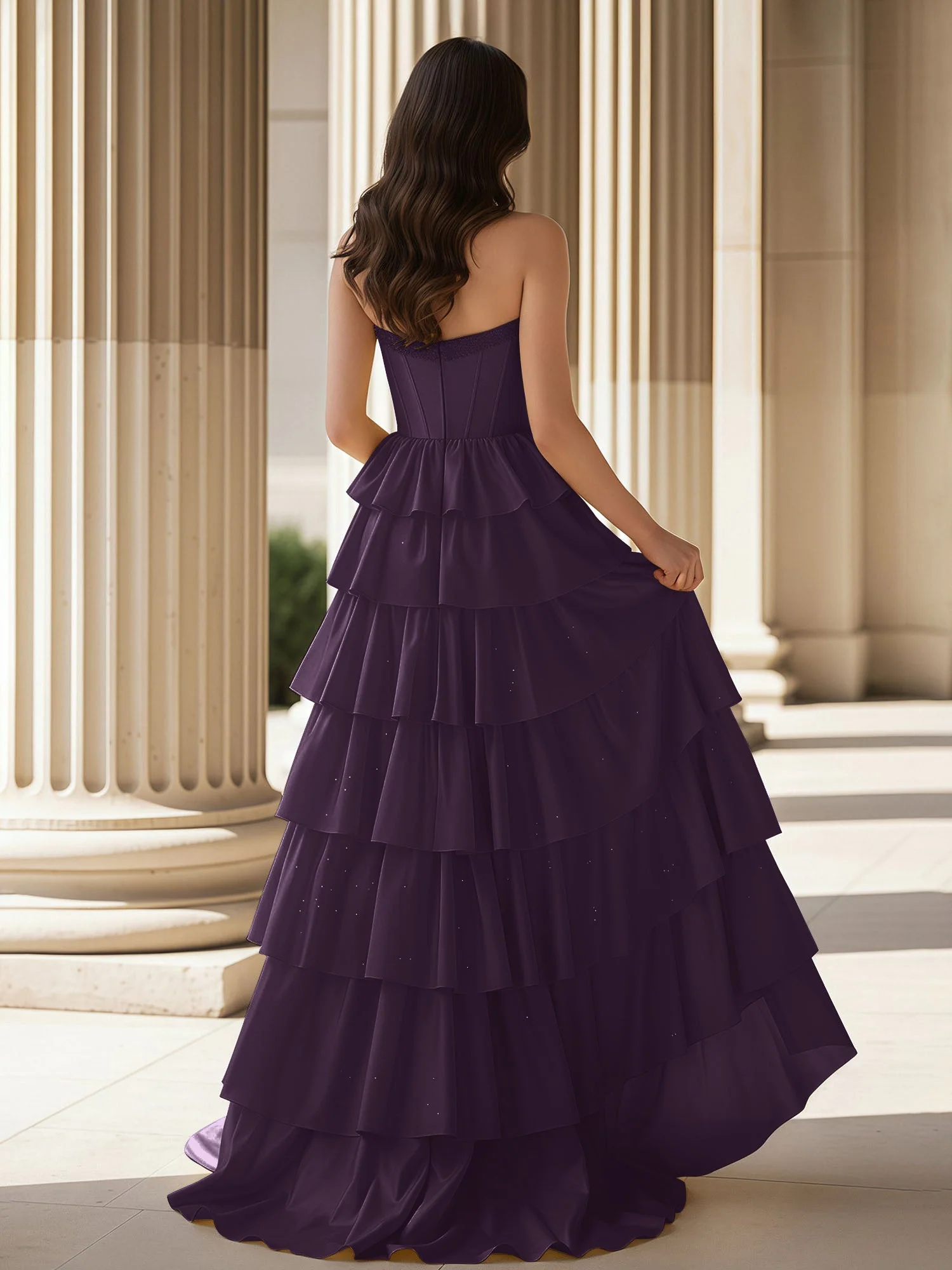 A-Linie Ärmellos Herzform Kleid mit Rüschen Plum - Image 2