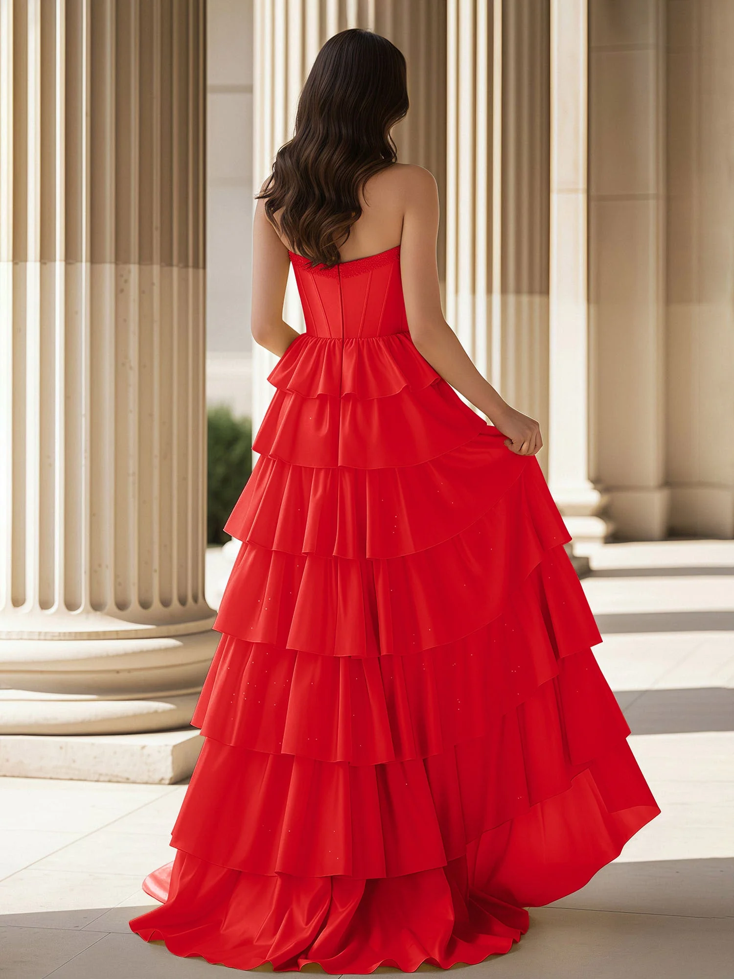 A-Linie Ärmellos Herzform Kleid mit Rüschen Rot - Image 2