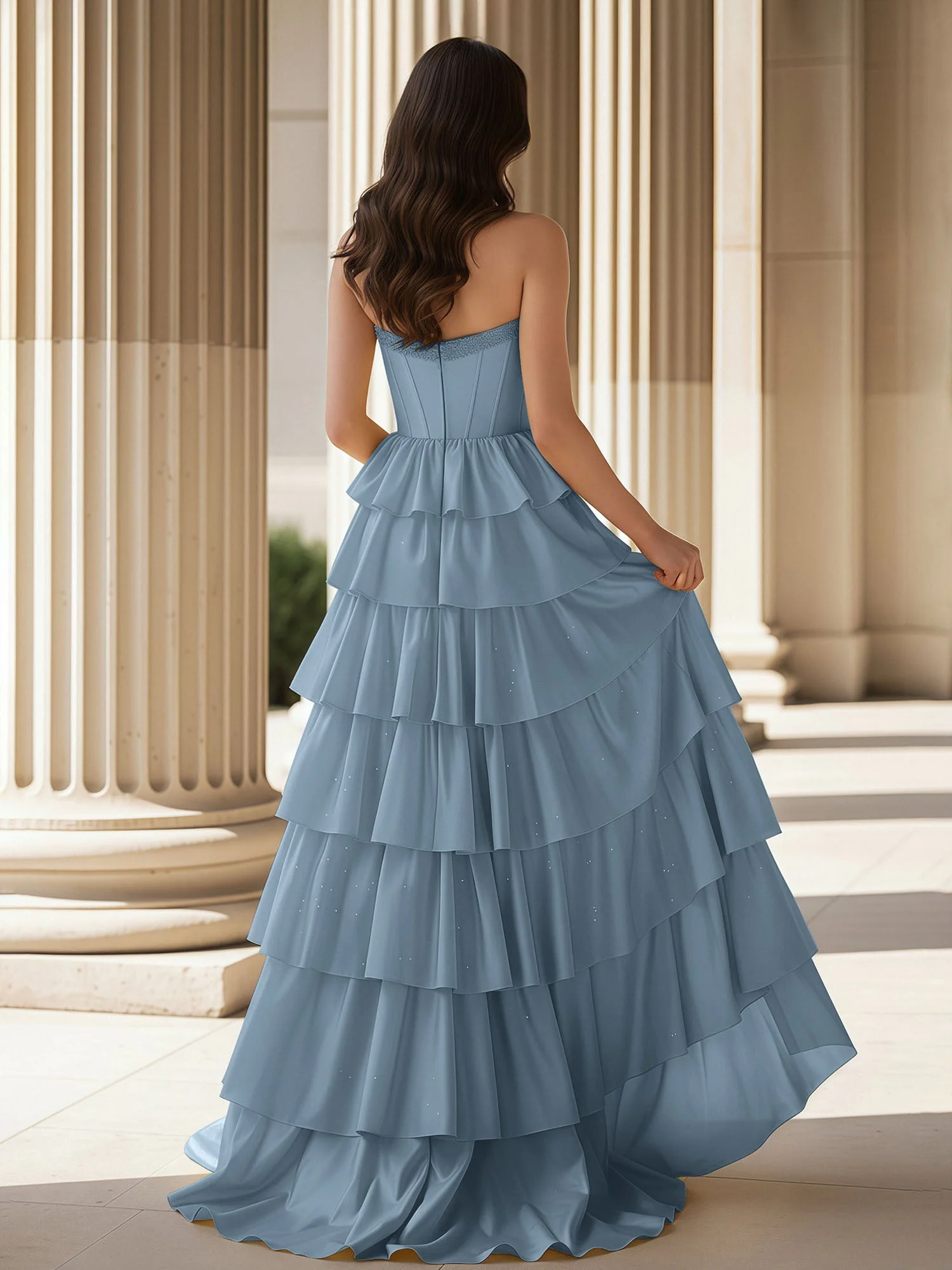 A-Linie Ärmellos Herzform Kleid mit Rüschen Schiefer Blau - Image 2