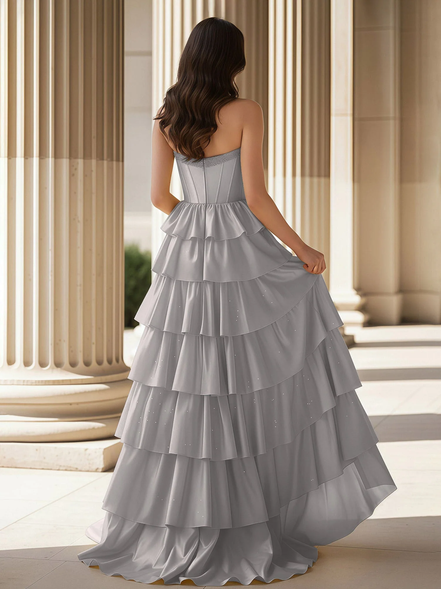 A-Linie Ärmellos Herzform Kleid mit Rüschen Silber - Image 2