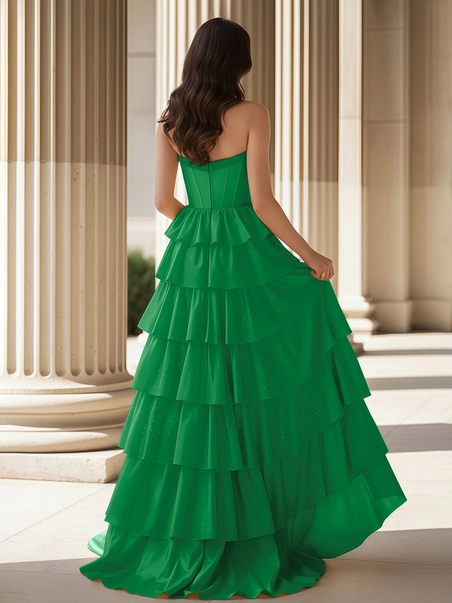 A-Linie Ärmellos Herzform Kleid mit Rüschen Smaragd - Image 2