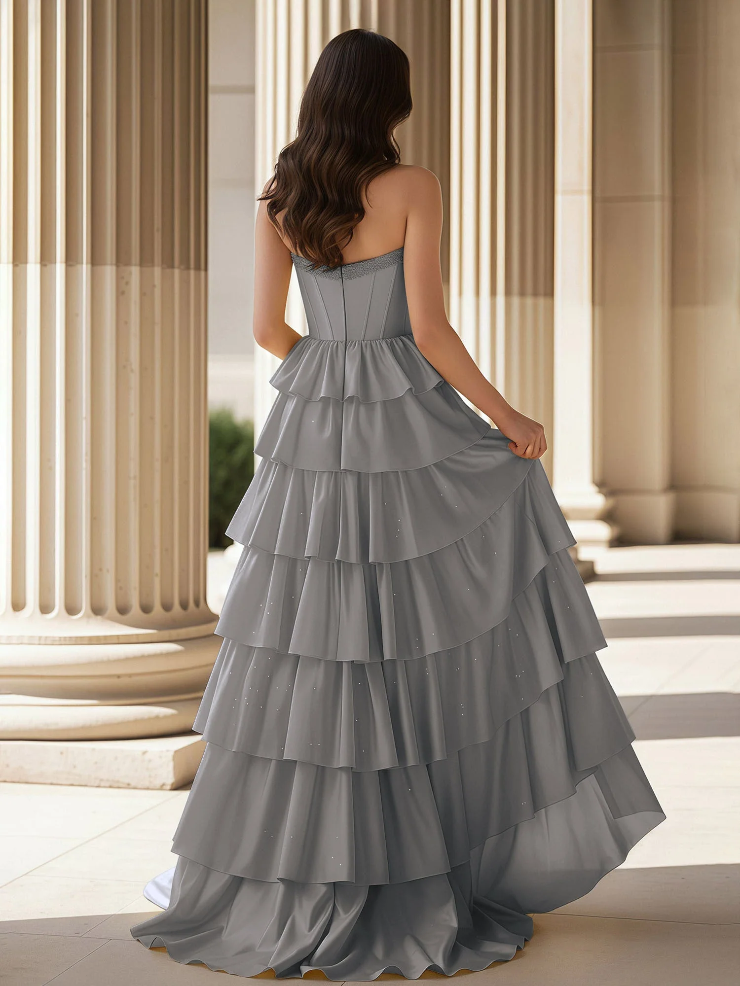 A-Linie Ärmellos Herzform Kleid mit Rüschen Stahlgrau - Image 2