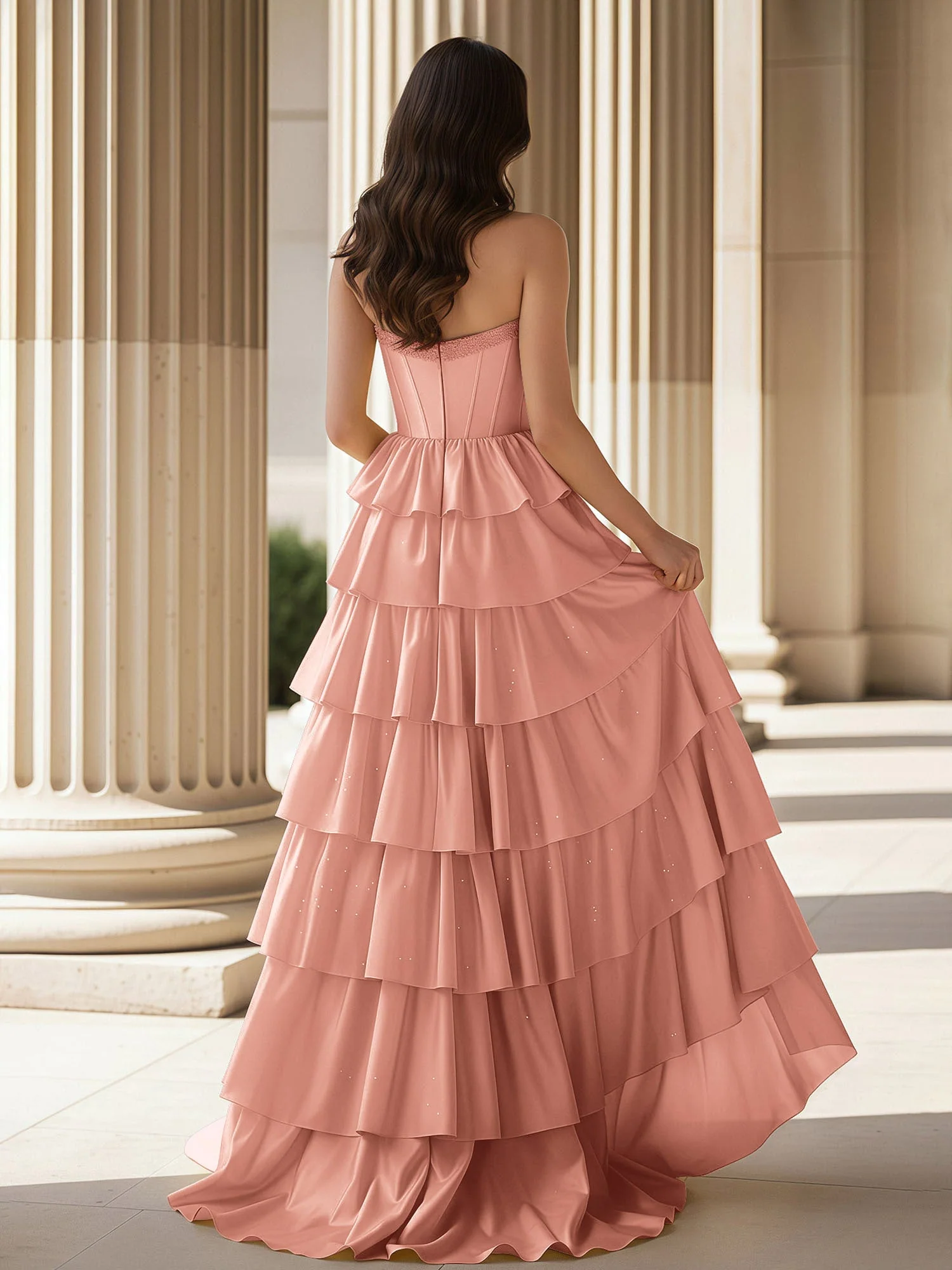 A-Linie Ärmellos Herzform Kleid mit Rüschen Staubige Rosa - Image 2