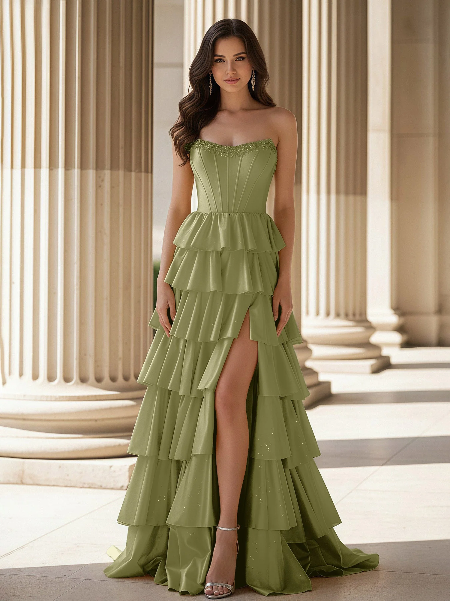 A-Linie Ärmellos Herzform Kleid mit Rüschen Staubiges Salbei