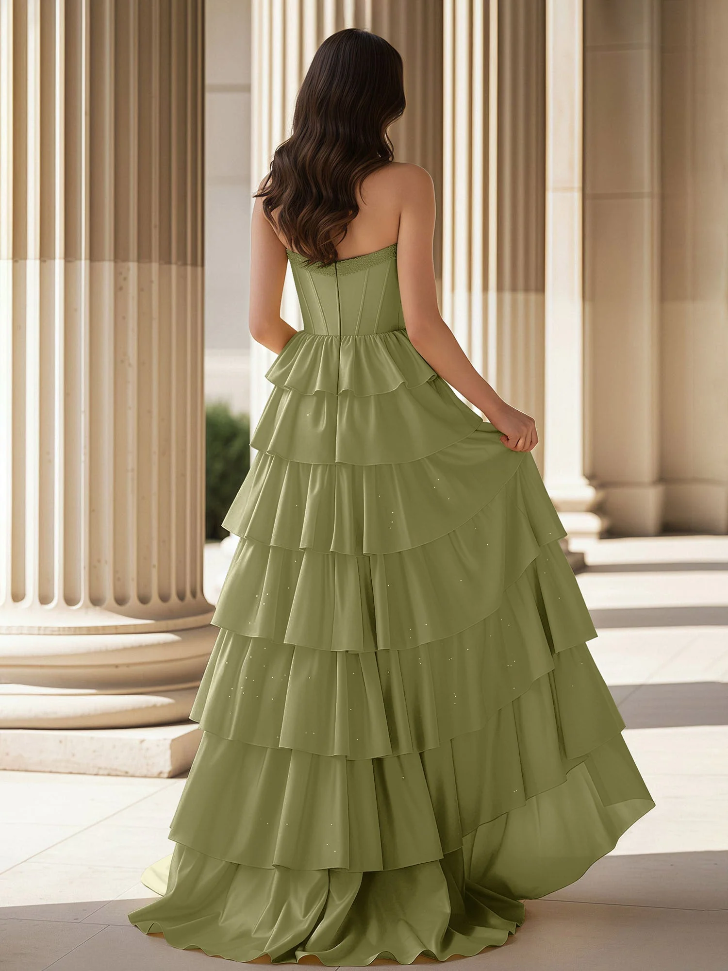 A-Linie Ärmellos Herzform Kleid mit Rüschen Staubiges Salbei - Image 2