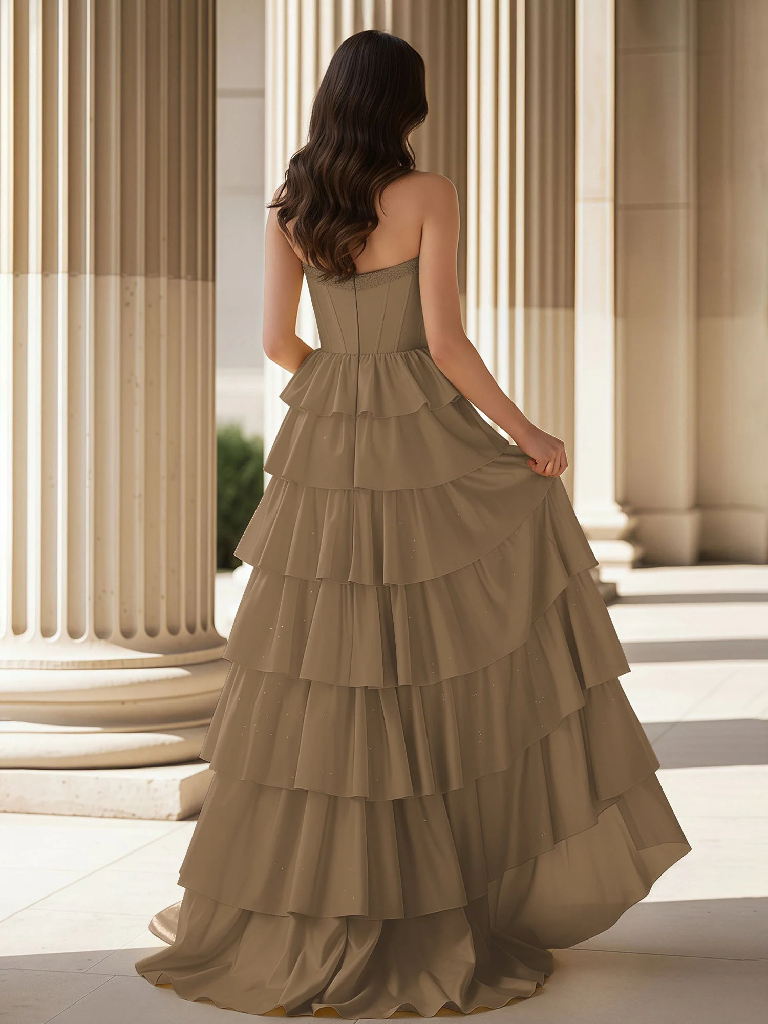 A-Linie Ärmellos Herzform Kleid mit Rüschen Taupe - Image 2