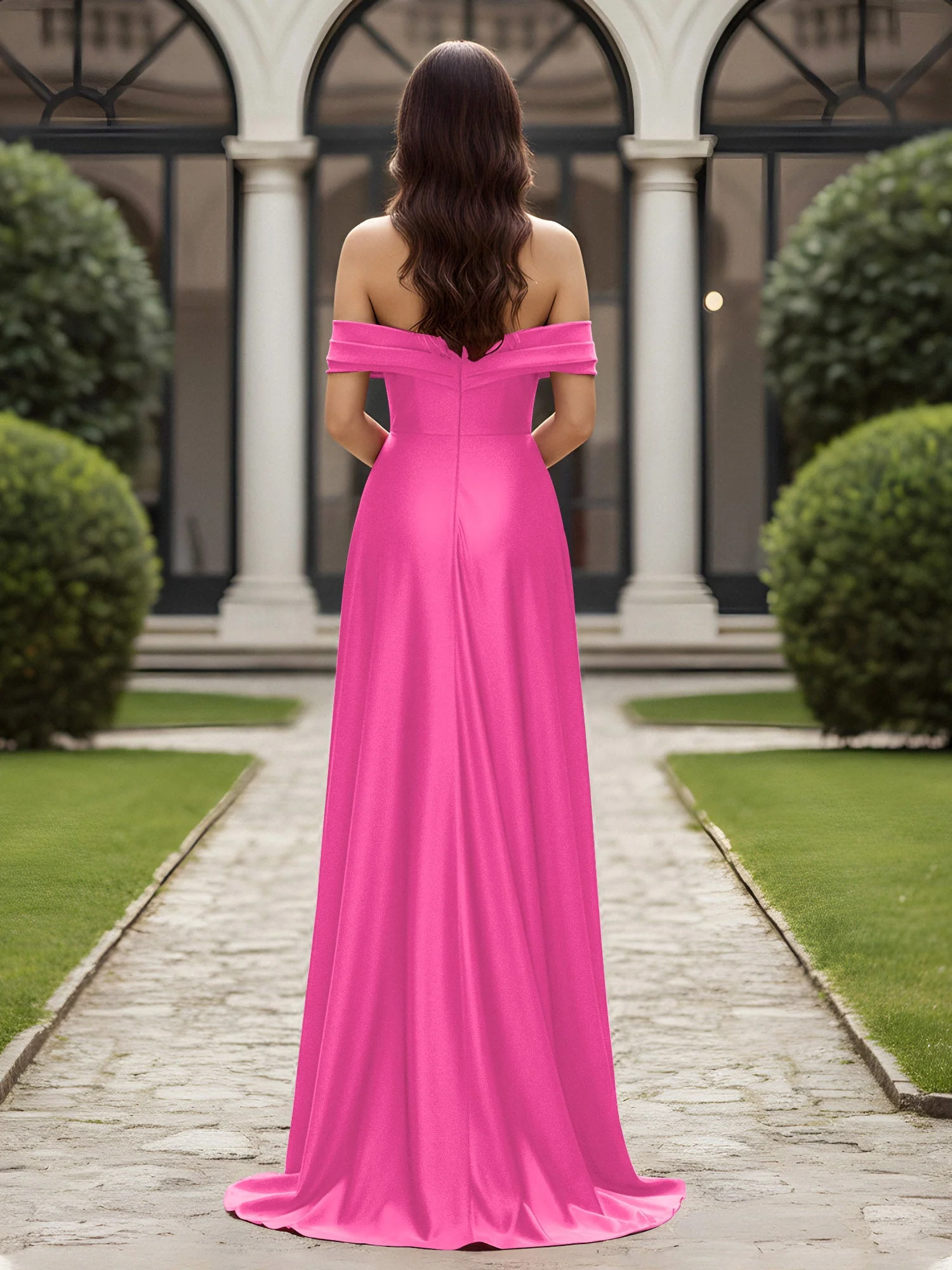 Schulterfrei Plissee Lang Kleid mit Schlitz Azalee - Image 2