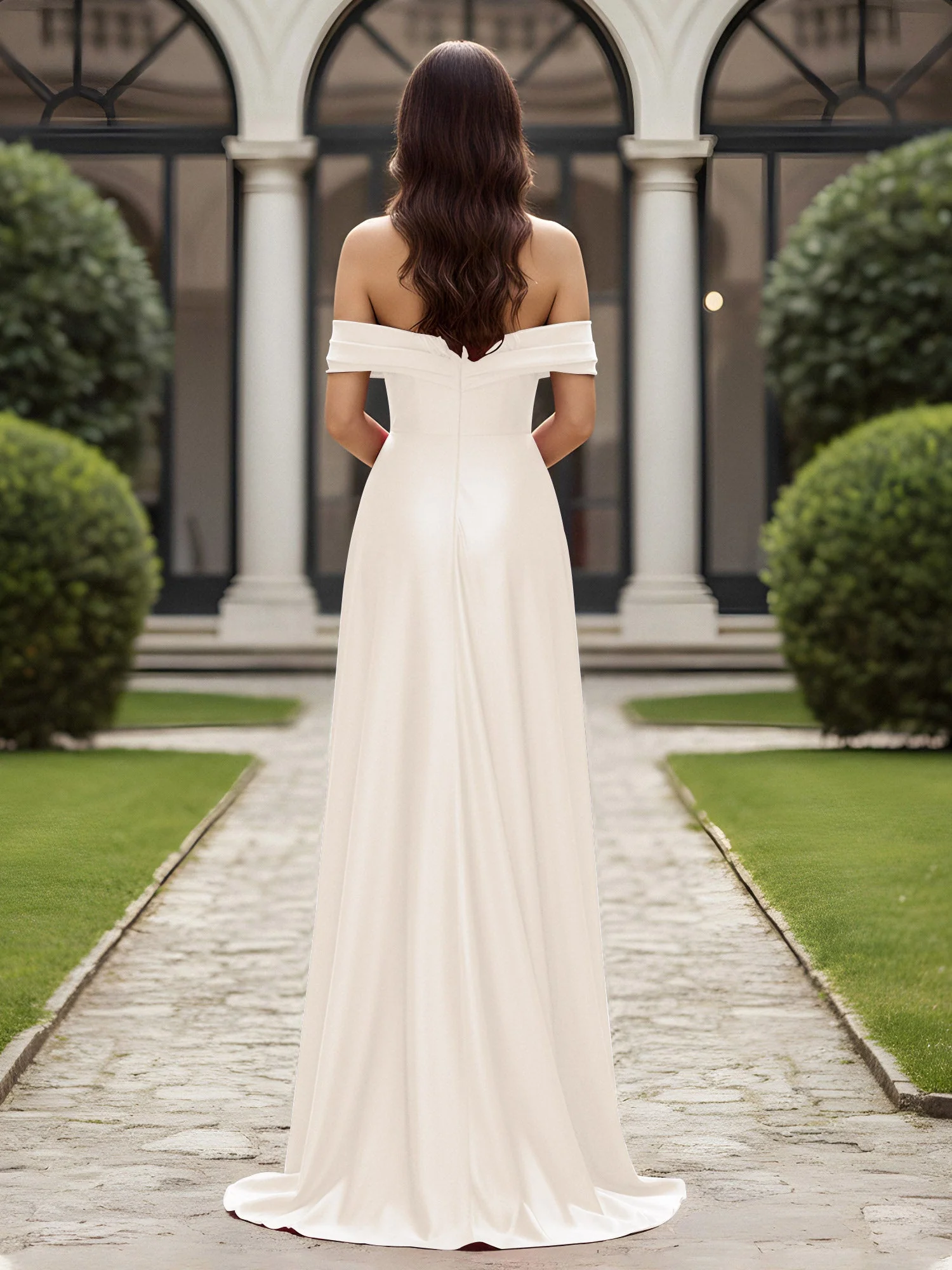 Schulterfrei Plissee Lang Kleid mit Schlitz Elfenbein - Image 2