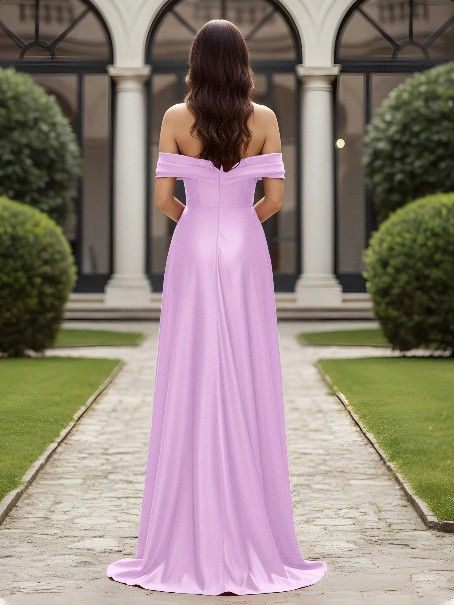Schulterfrei Plissee Lang Kleid mit Schlitz Lila - Image 2