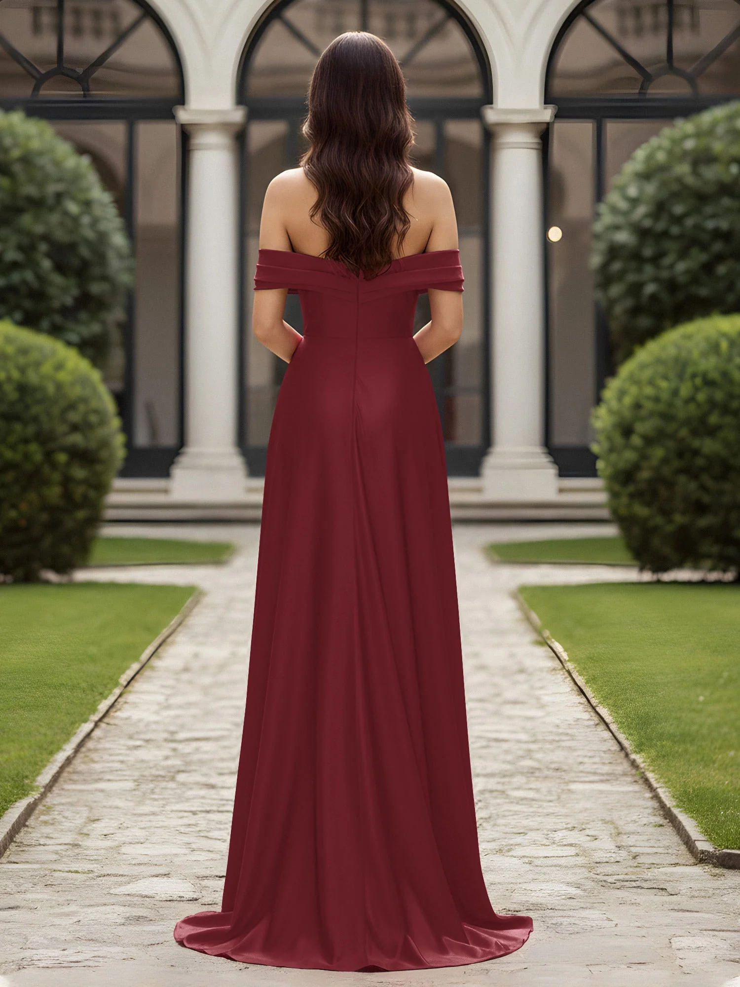 Schulterfrei Plissee Lang Kleid mit Schlitz Maulbeere - Image 2
