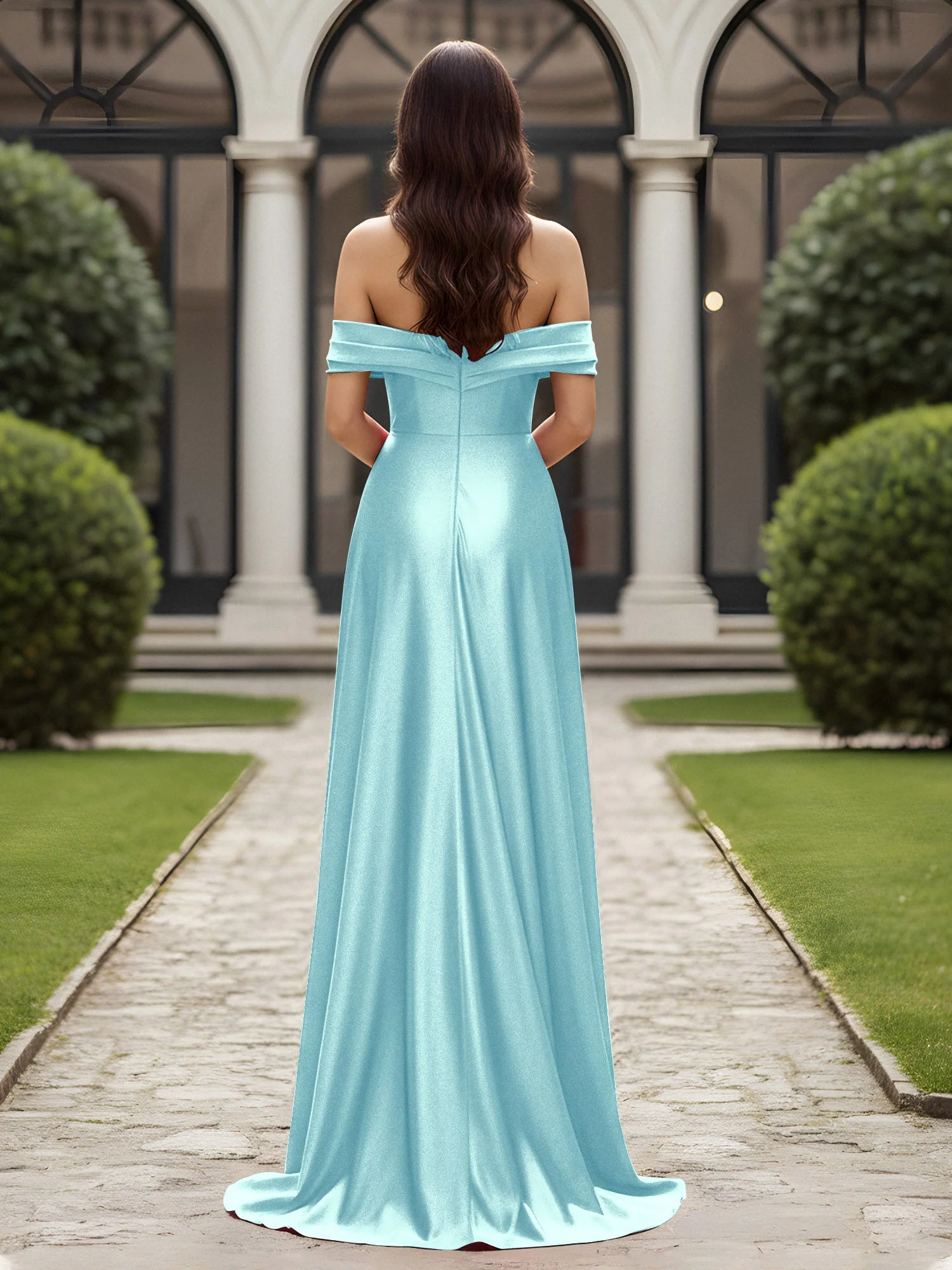 Schulterfrei Plissee Lang Kleid mit Schlitz Nebel - Image 2
