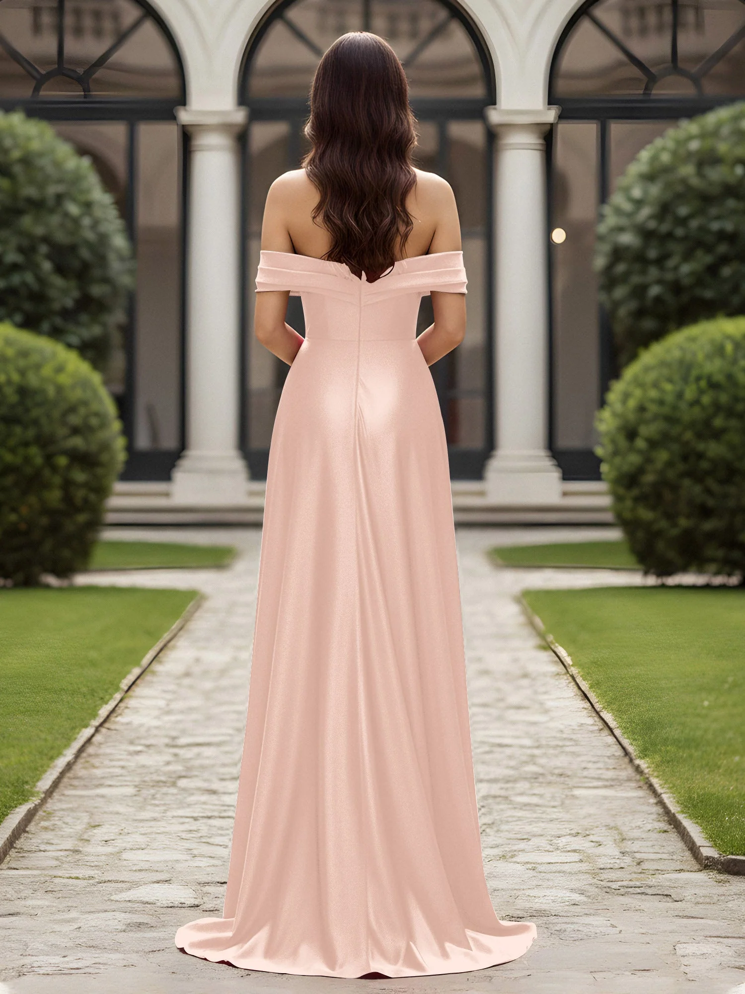 Schulterfrei Plissee Lang Kleid mit Schlitz Perlrosa - Image 2