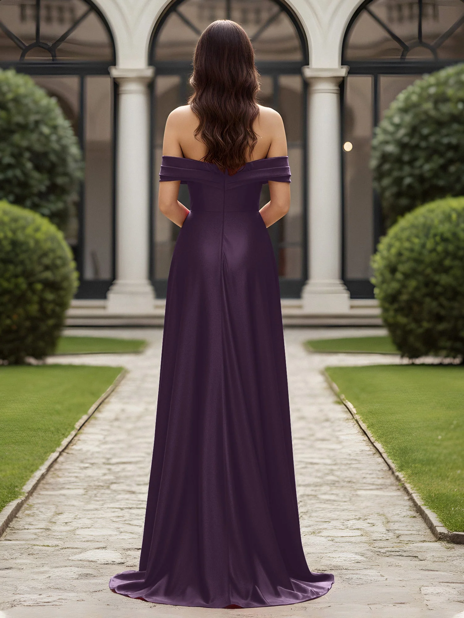 Schulterfrei Plissee Lang Kleid mit Schlitz Plum - Image 2