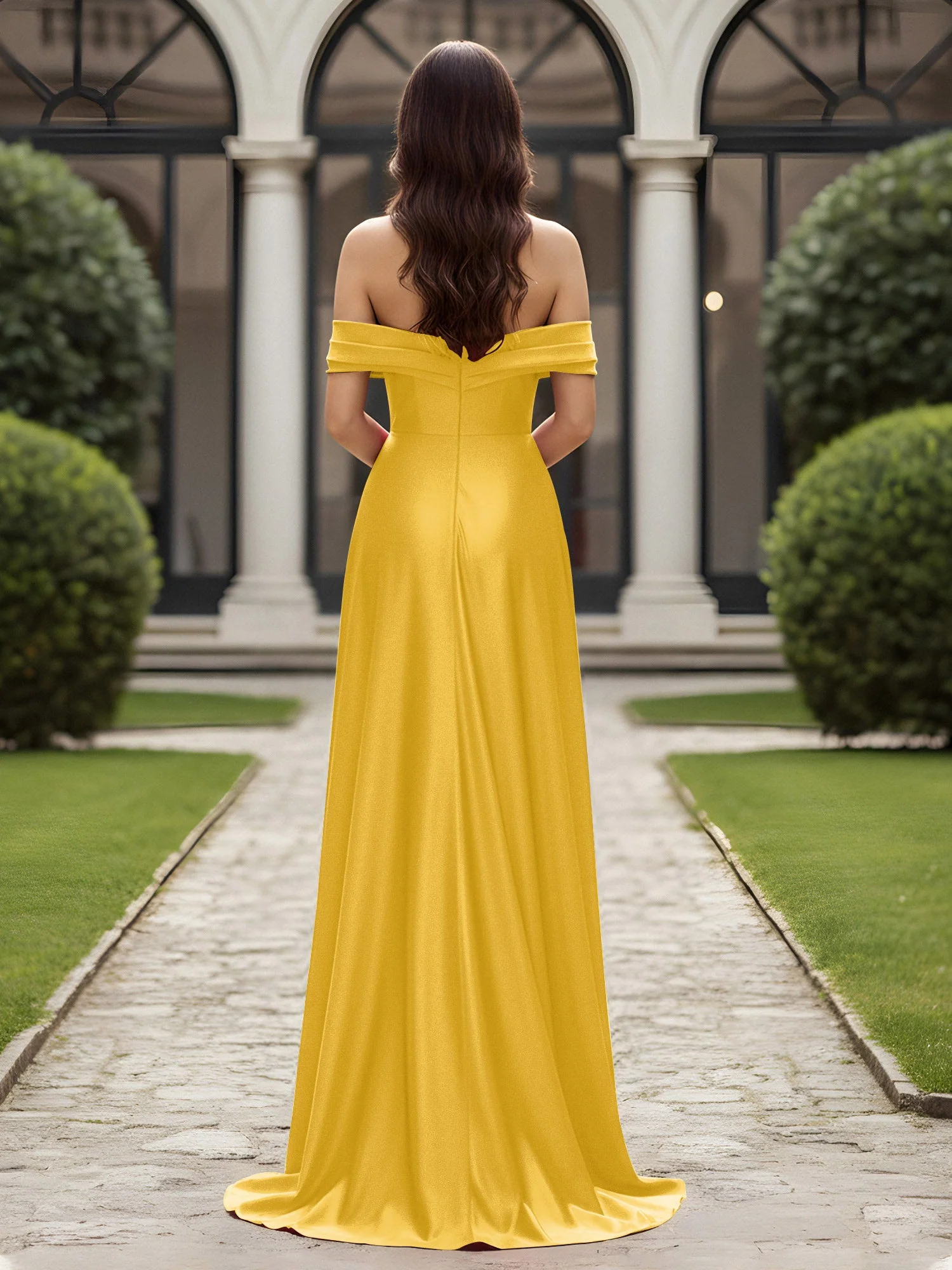 Schulterfrei Plissee Lang Kleid mit Schlitz Ringelblume - Image 2