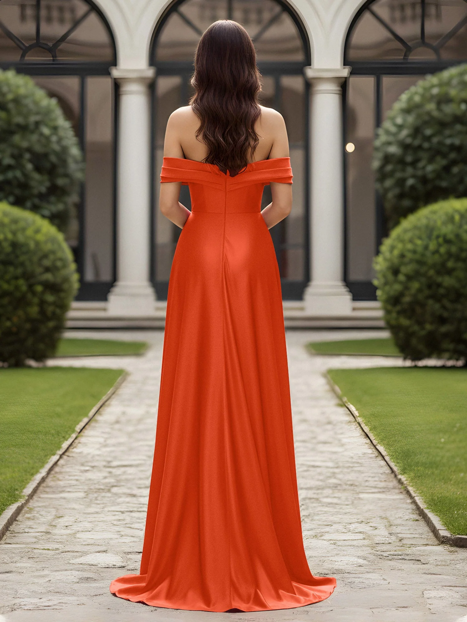 Schulterfrei Plissee Lang Kleid mit Schlitz Rost - Image 2