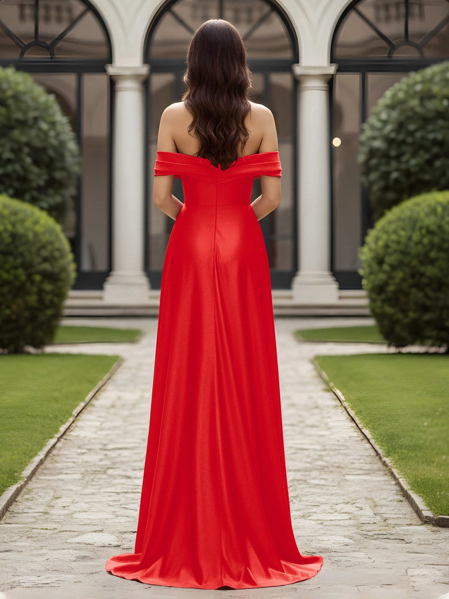 Schulterfrei Plissee Lang Kleid mit Schlitz Rot - Image 2