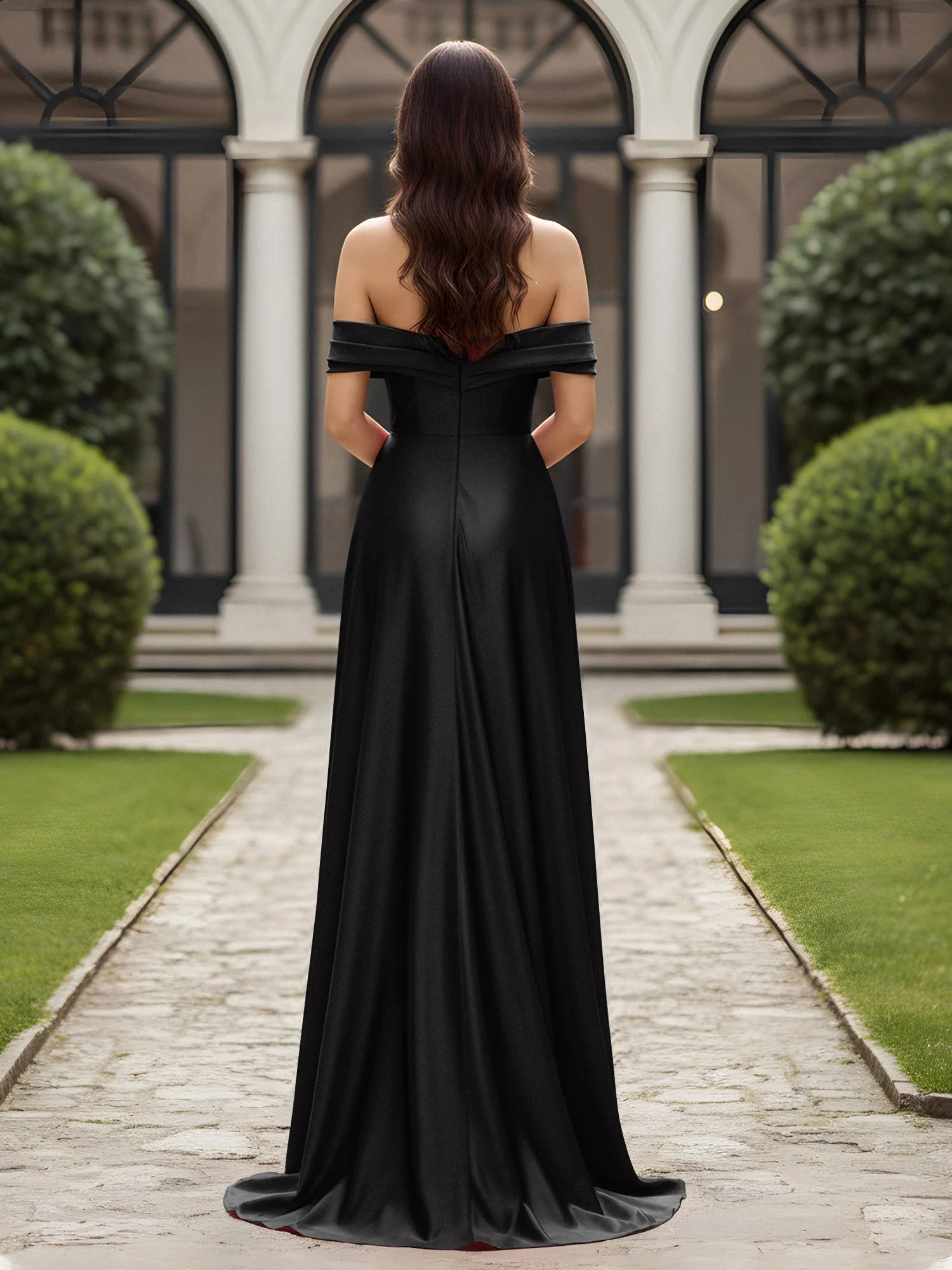 Schulterfrei Plissee Lang Kleid mit Schlitz Schwarz - Image 2