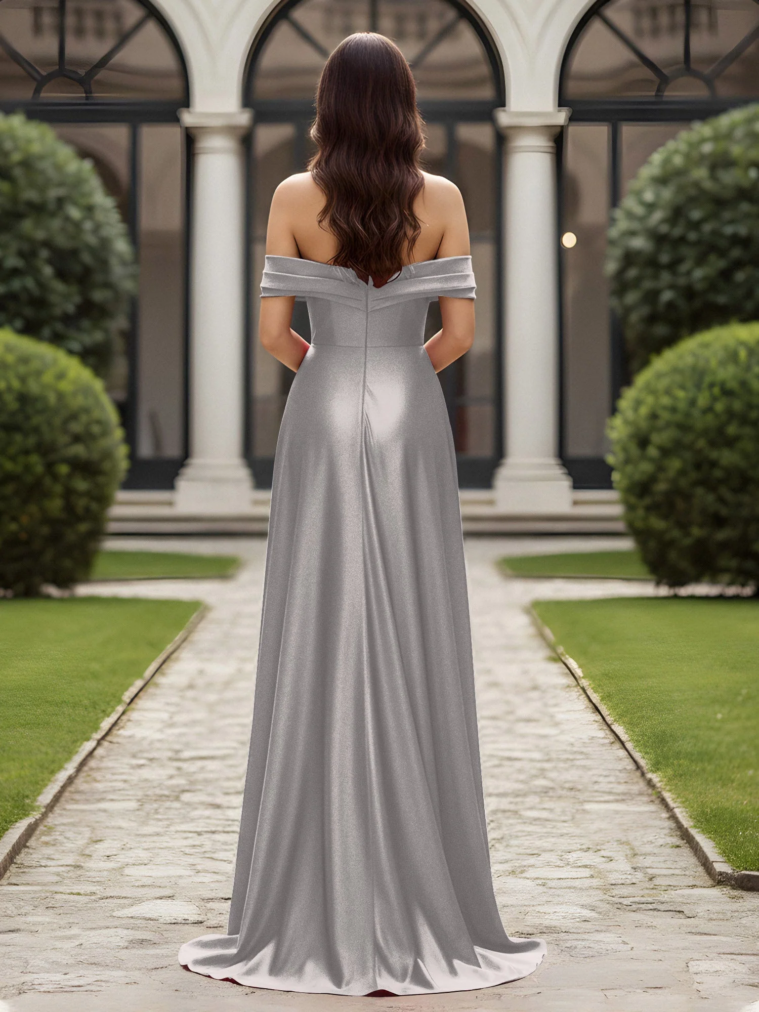 Schulterfrei Plissee Lang Kleid mit Schlitz Silber - Image 2
