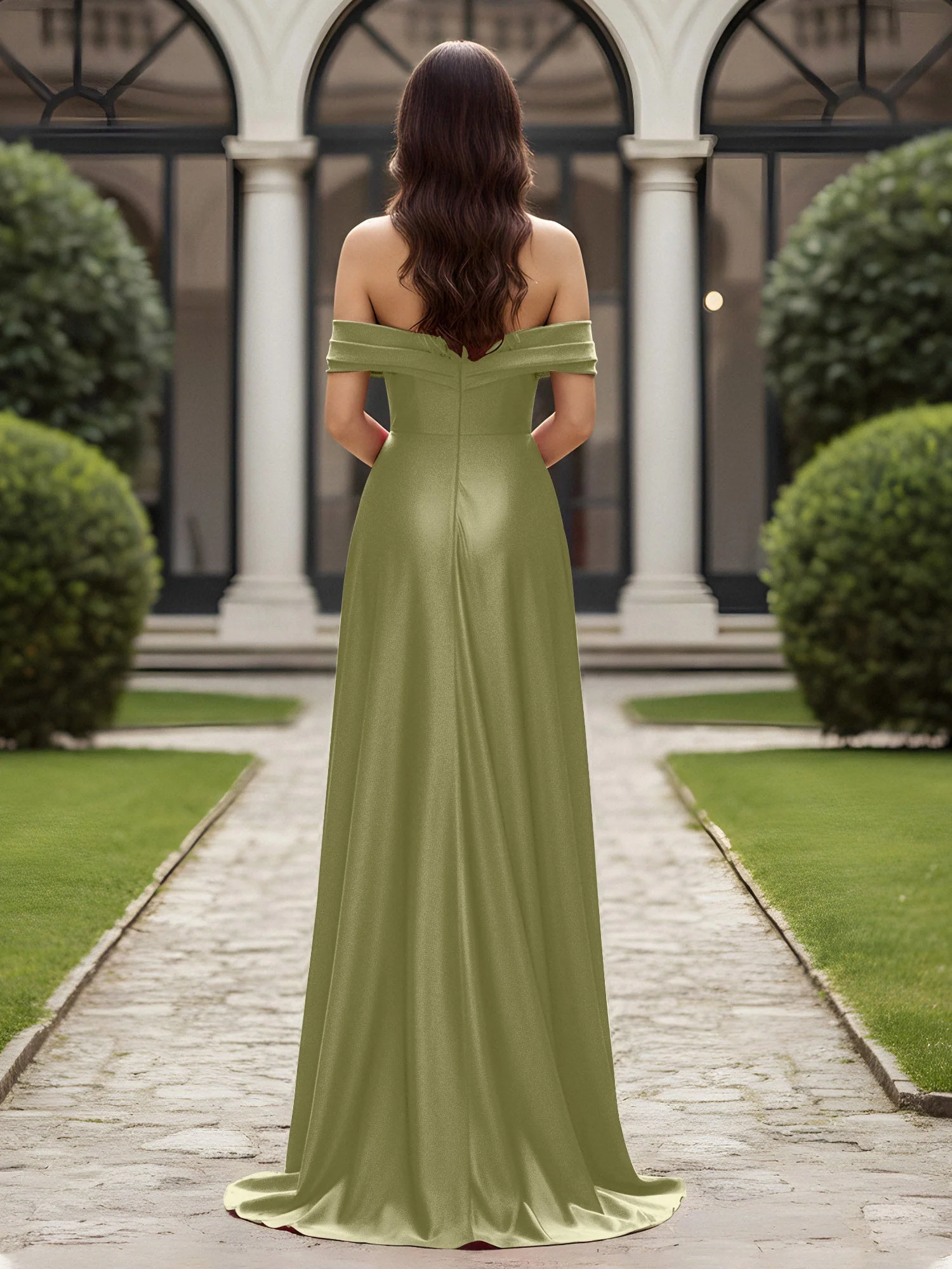 Schulterfrei Plissee Lang Kleid mit Schlitz Staubiges Salbei - Image 2