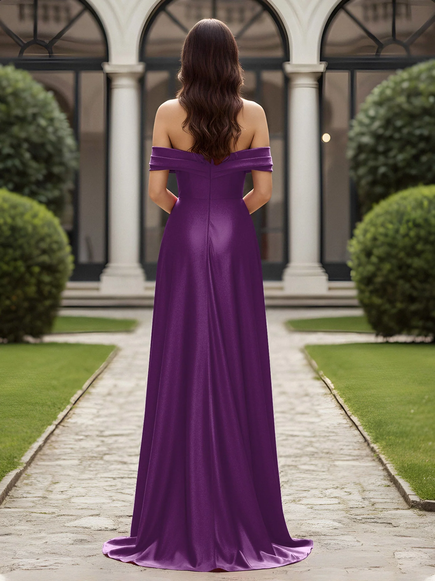 Schulterfrei Plissee Lang Kleid mit Schlitz Traube - Image 2