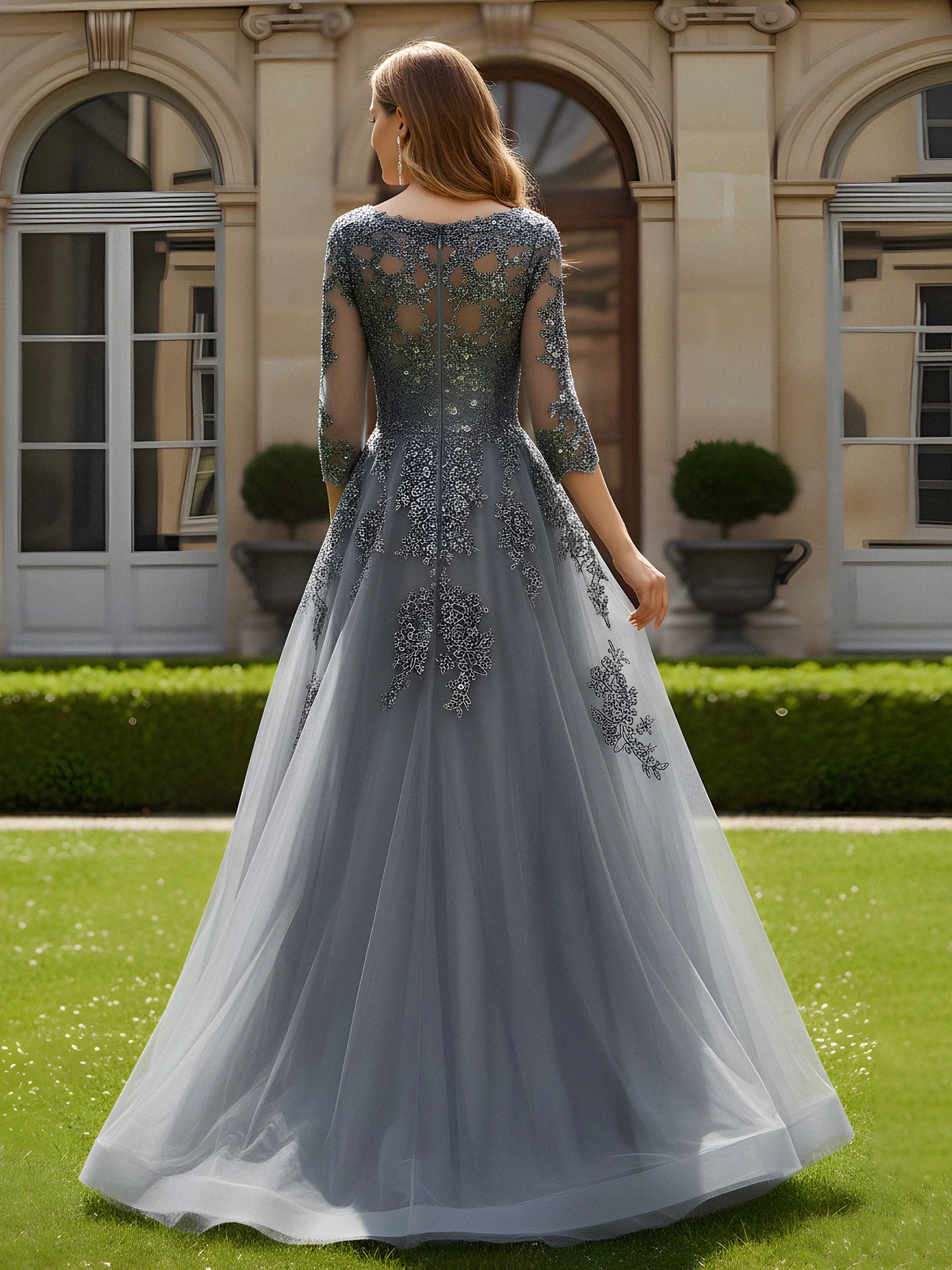 3/4 Ärmel A-Linie Tüll Ballkleid Stahlgrau - Image 2