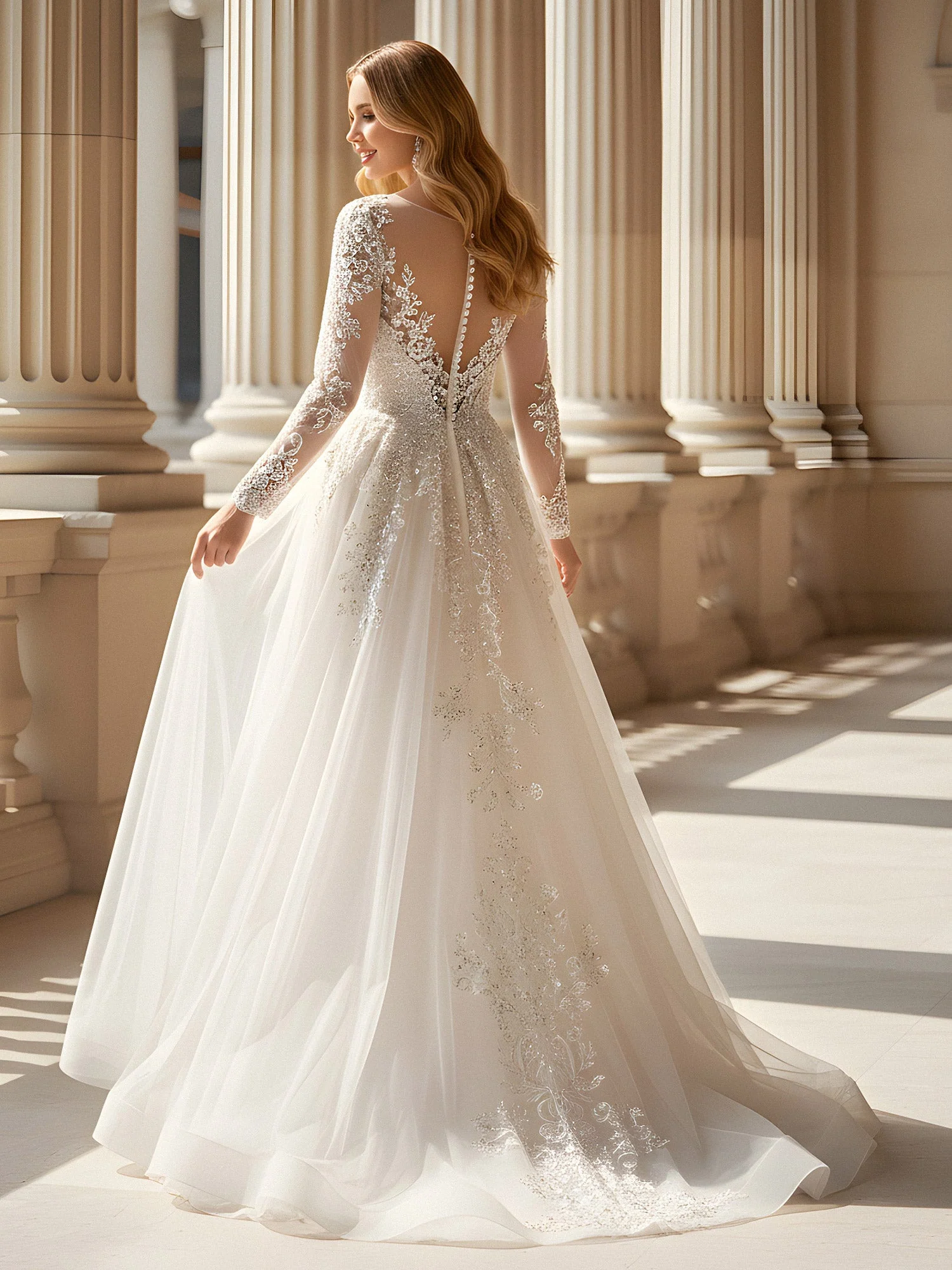 Langarm A-Linie Tüll Bateau Ausschnitt Ballkleid Champagner - Image 2