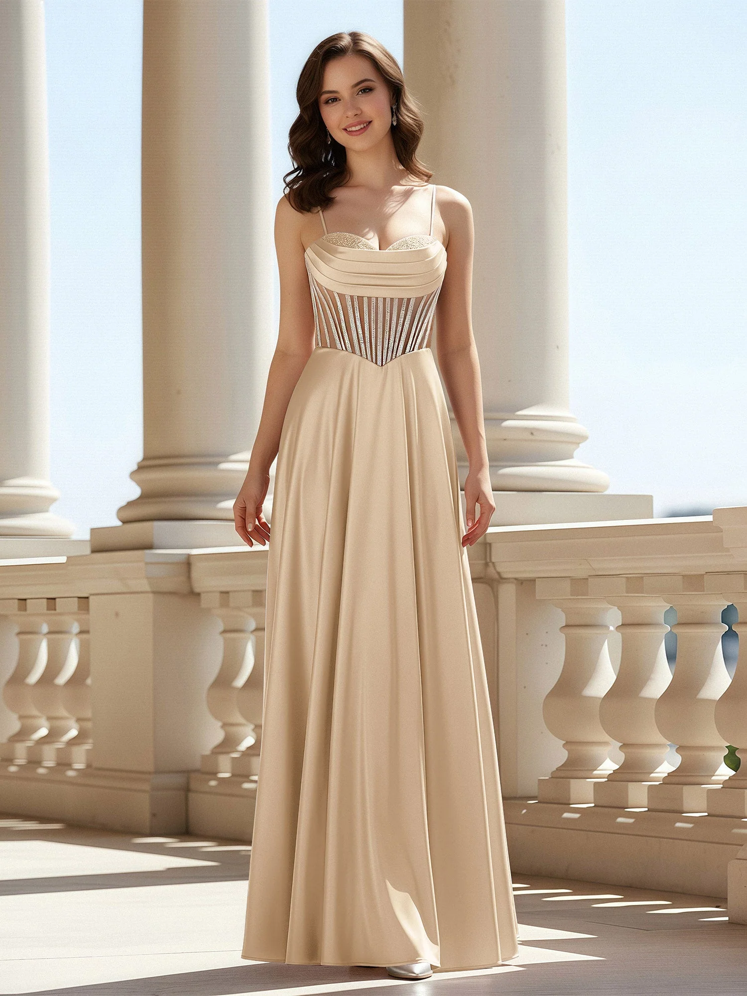 A-Linie Herzform Bodenlang Spitzenoberteil Ballkleid Champagner