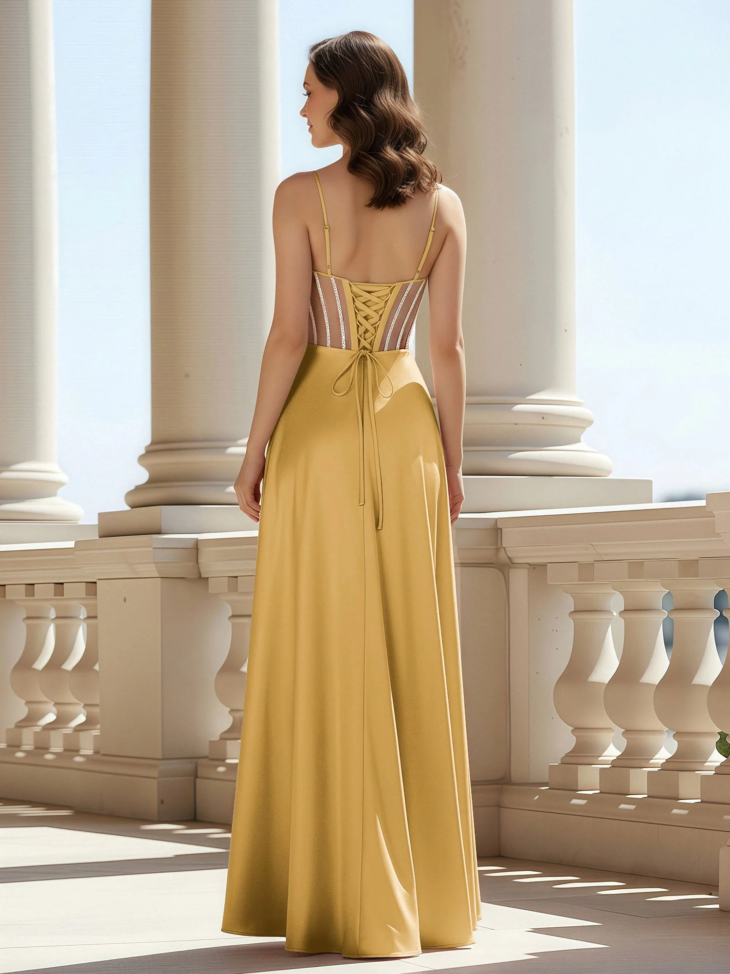 A-Linie Herzform Bodenlang Spitzenoberteil Ballkleid Gold - Image 2