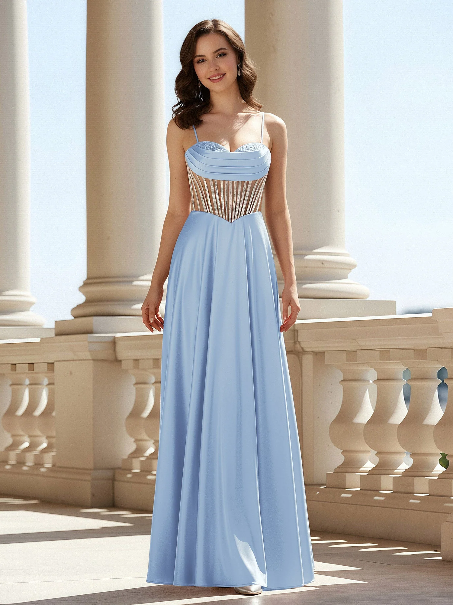 A-Linie Herzform Bodenlang Spitzenoberteil Ballkleid Himmelblau