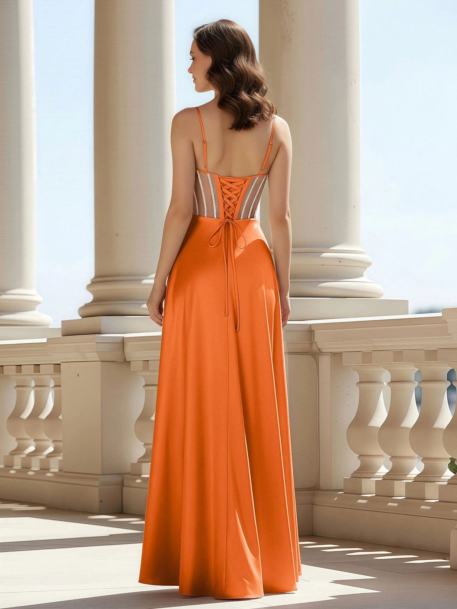 A-Linie Herzform Bodenlang Spitzenoberteil Ballkleid Orange - Image 2
