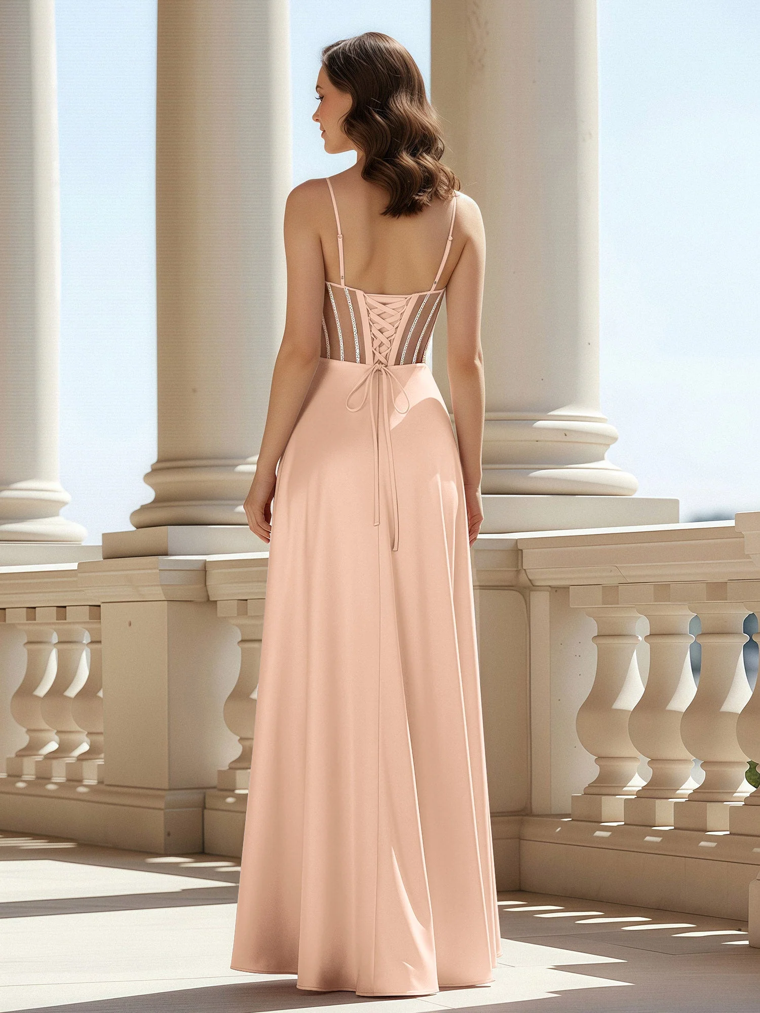 A-Linie Herzform Bodenlang Spitzenoberteil Ballkleid Pfirsich - Image 2