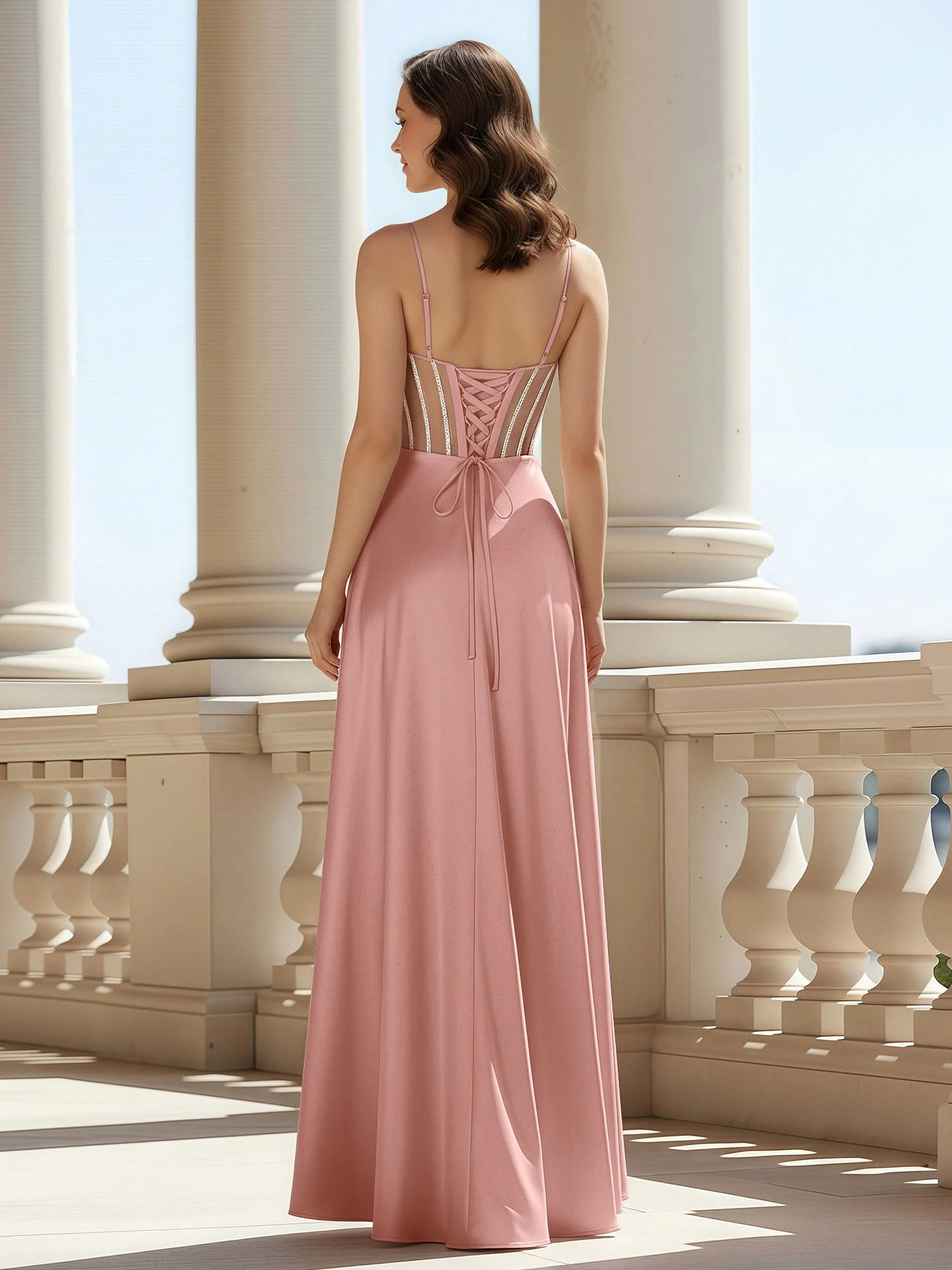 A-Linie Herzform Bodenlang Spitzenoberteil Ballkleid Staubige Rosa - Image 2