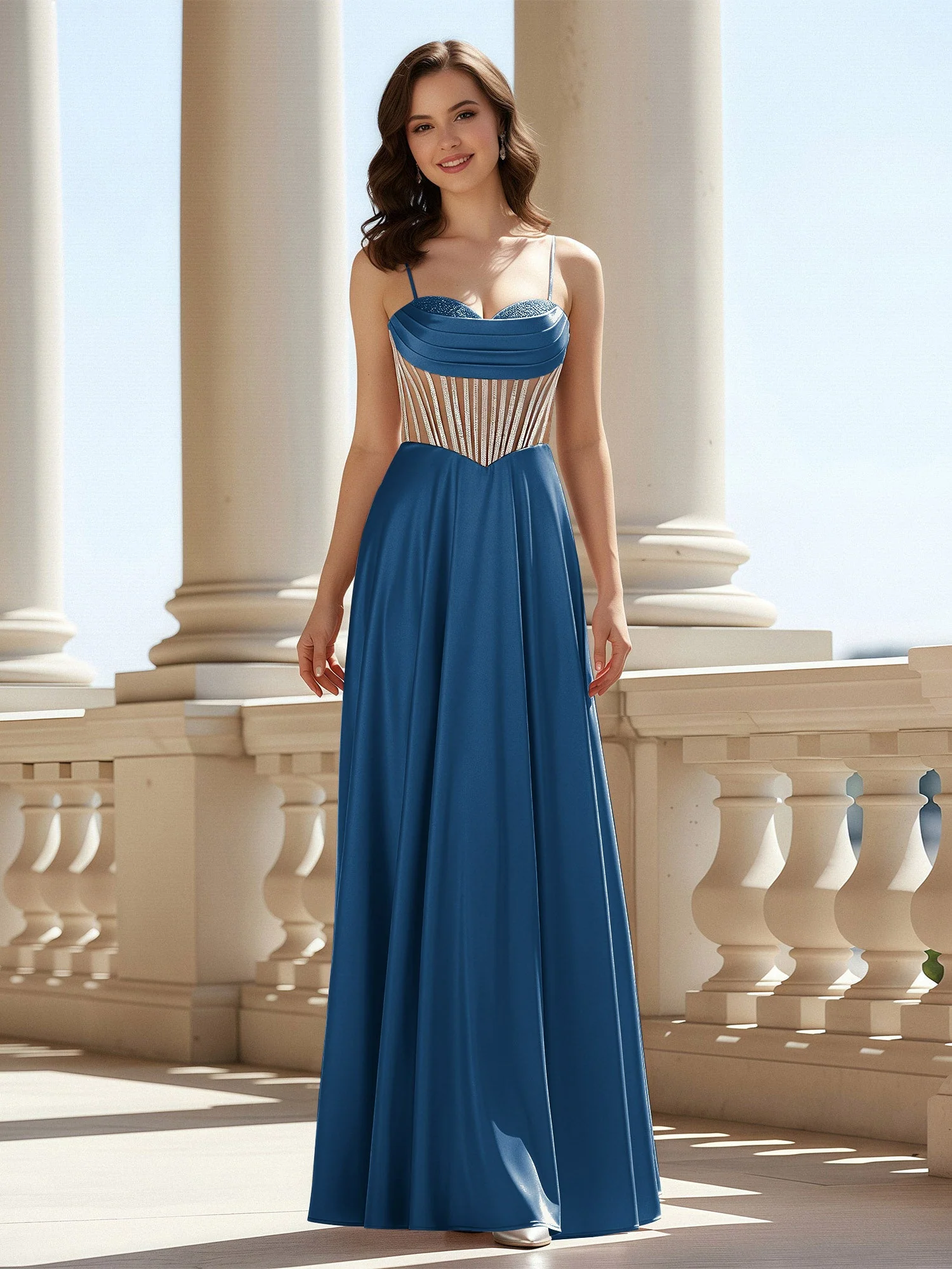 A-Linie Herzform Bodenlang Spitzenoberteil Ballkleid Tinte Blau