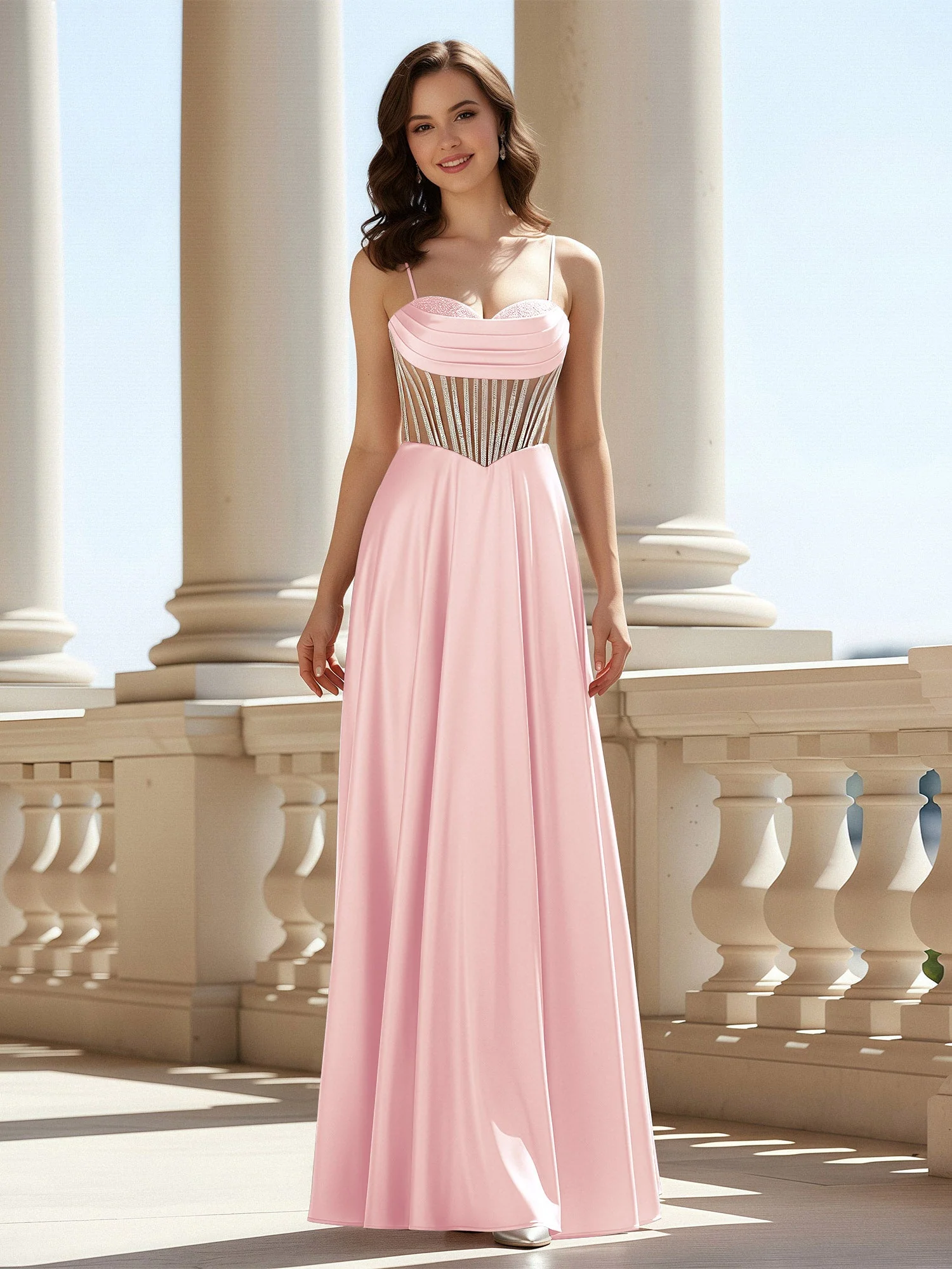 A-Linie Herzform Bodenlang Spitzenoberteil Ballkleid Zartrosa