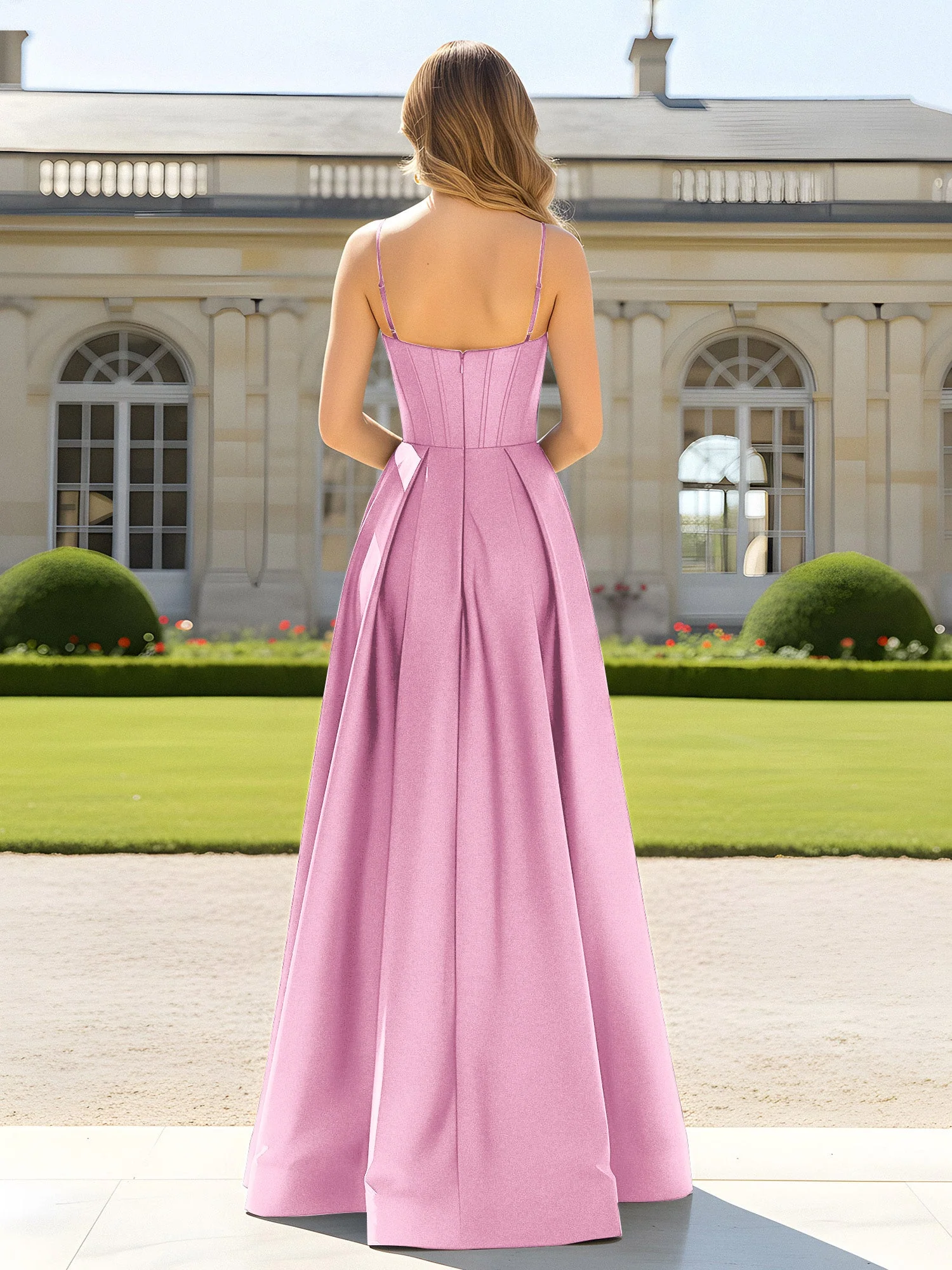 A-Linie Spaghettiträger Cowl Ausschnitt Satin Kleid Bonbonrosa - Image 2