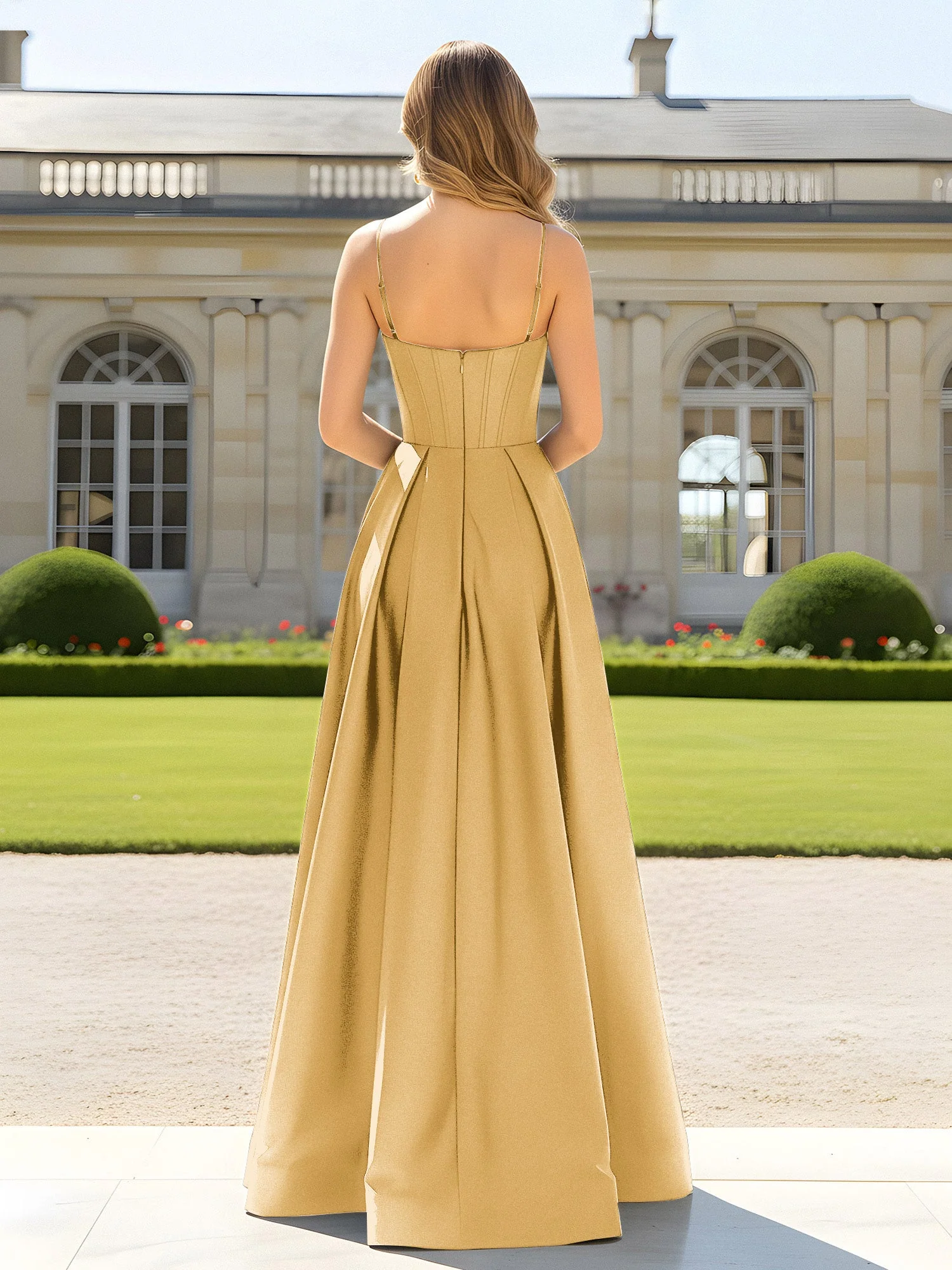 A-Linie Spaghettiträger Cowl Ausschnitt Satin Kleid Gold - Image 2