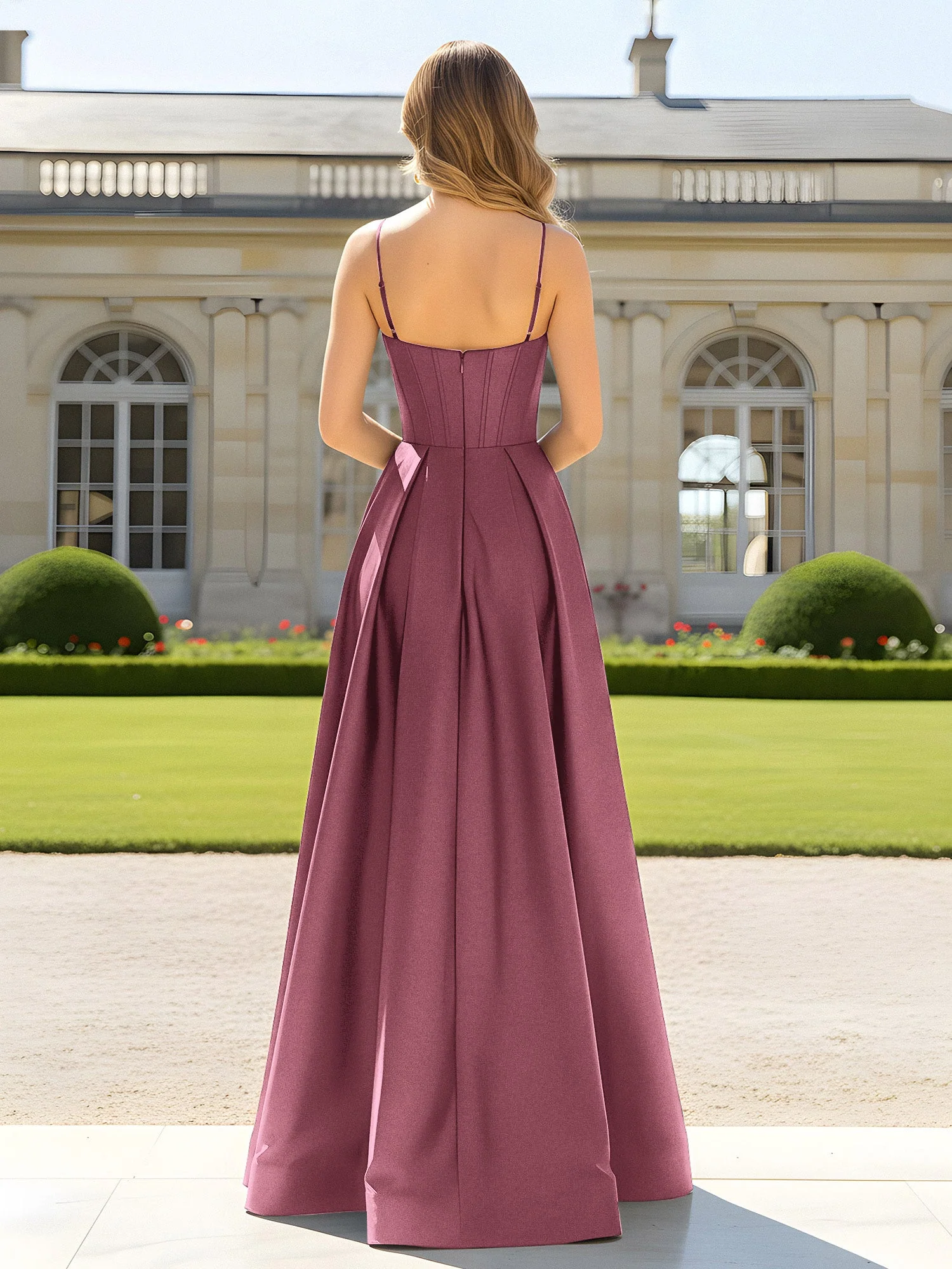 A-Linie Spaghettiträger Cowl Ausschnitt Satin Kleid Maulbeere - Image 2