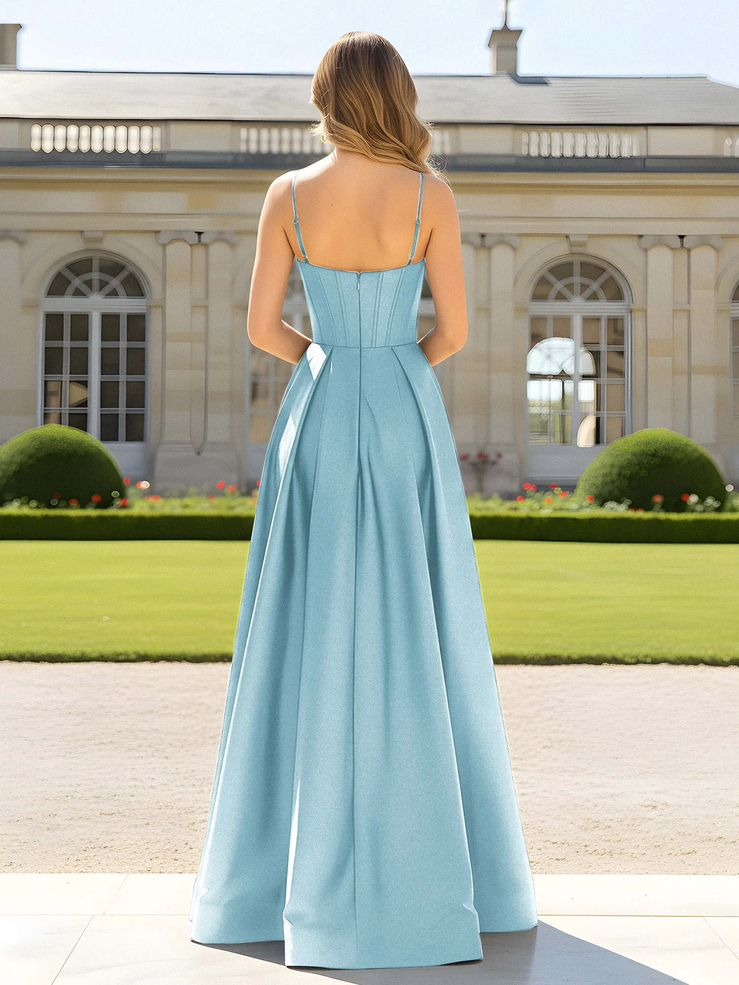 A-Linie Spaghettiträger Cowl Ausschnitt Satin Kleid Nebel - Image 2