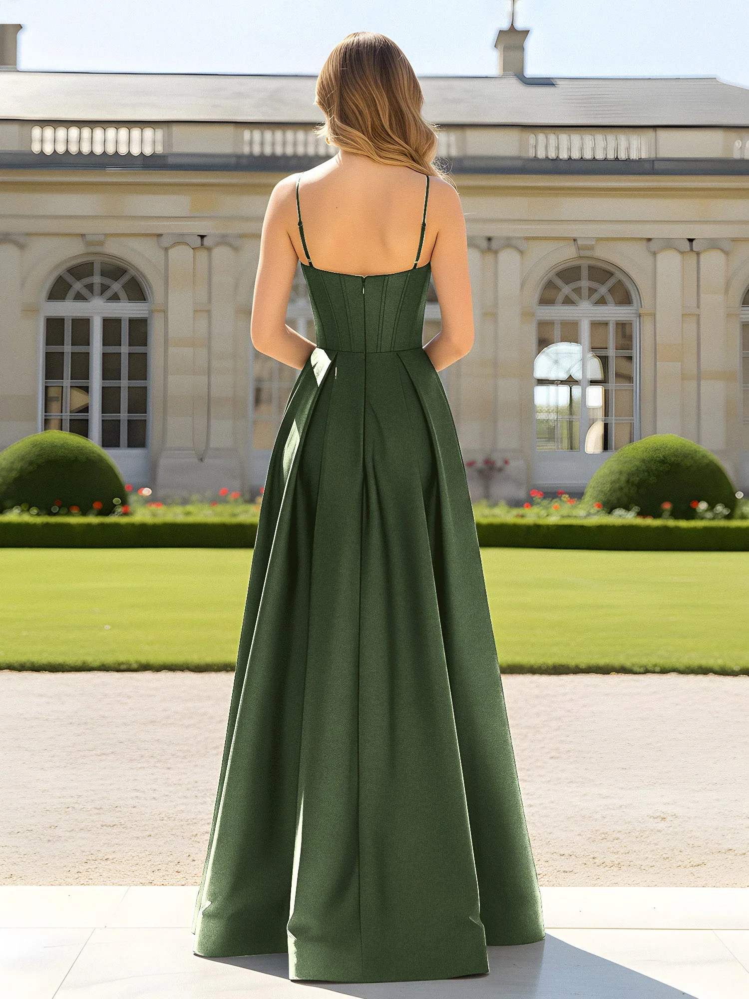 A-Linie Spaghettiträger Cowl Ausschnitt Satin Kleid Olivgrün - Image 2