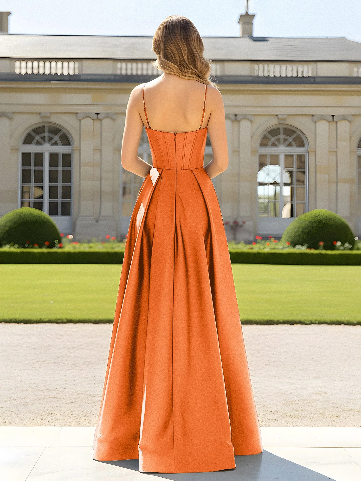 A-Linie Spaghettiträger Cowl Ausschnitt Satin Kleid Orange - Image 2