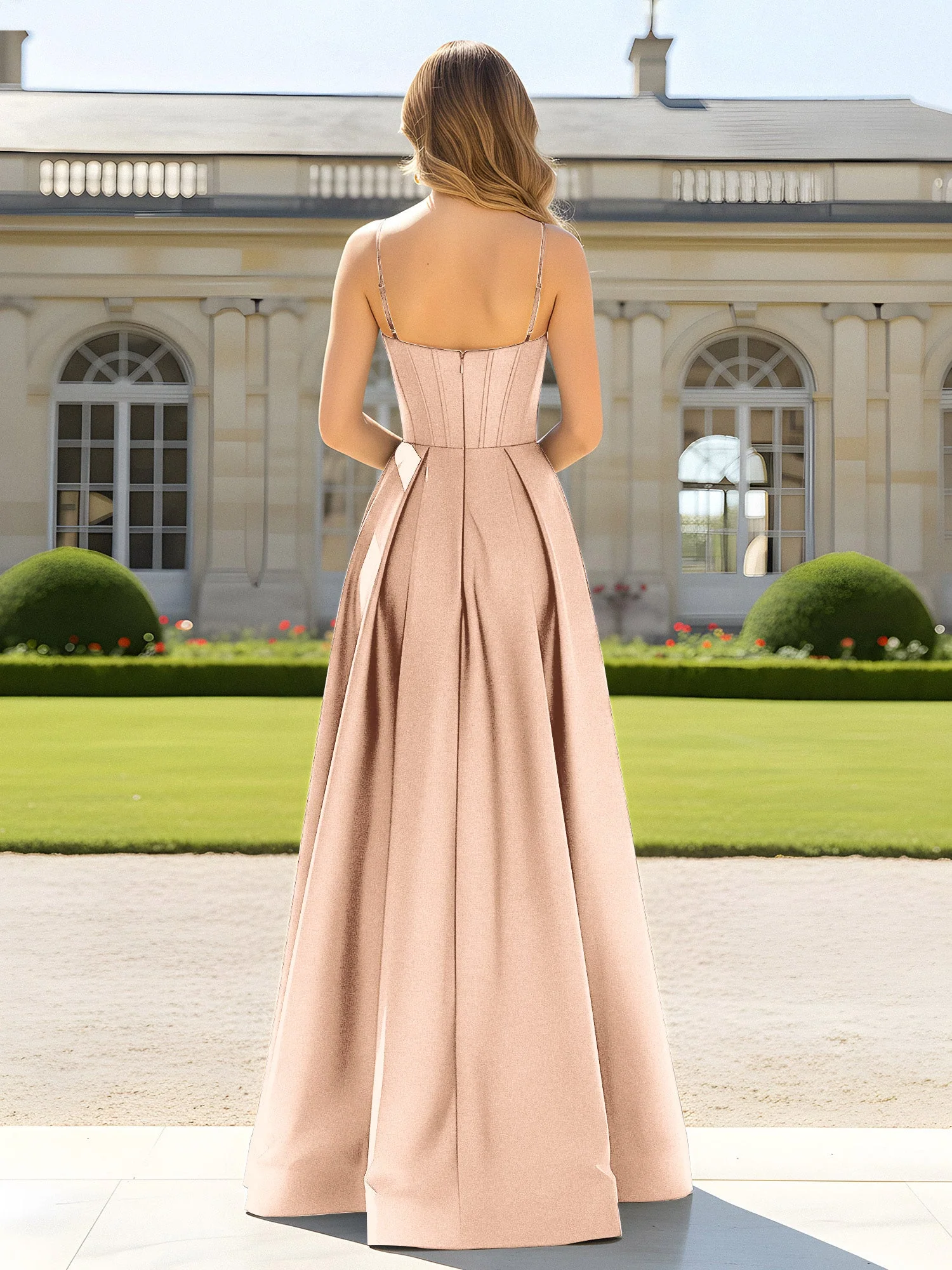 A-Linie Spaghettiträger Cowl Ausschnitt Satin Kleid Pfirsich - Image 2