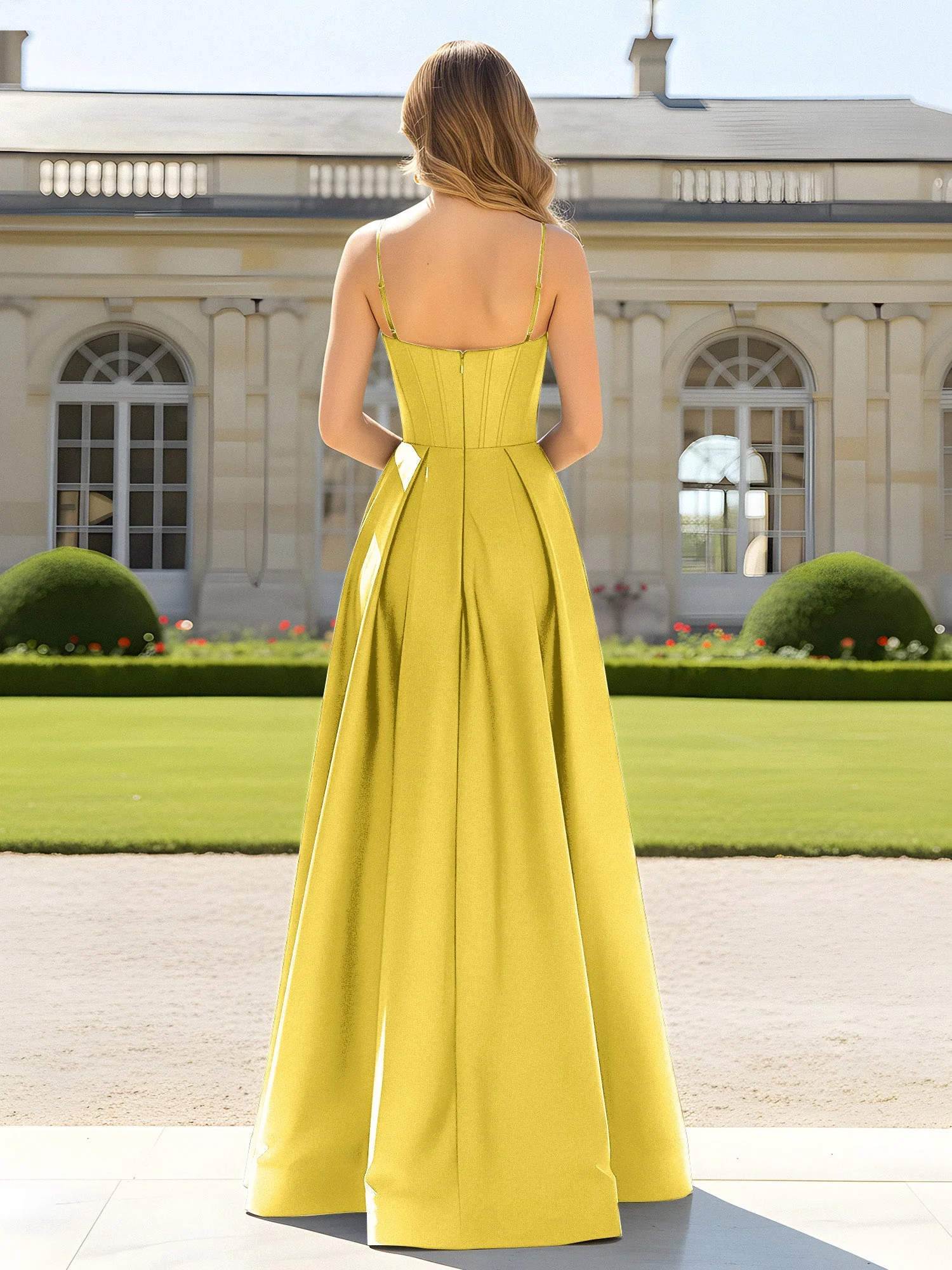A-Linie Spaghettiträger Cowl Ausschnitt Satin Kleid Ringelblume - Image 2