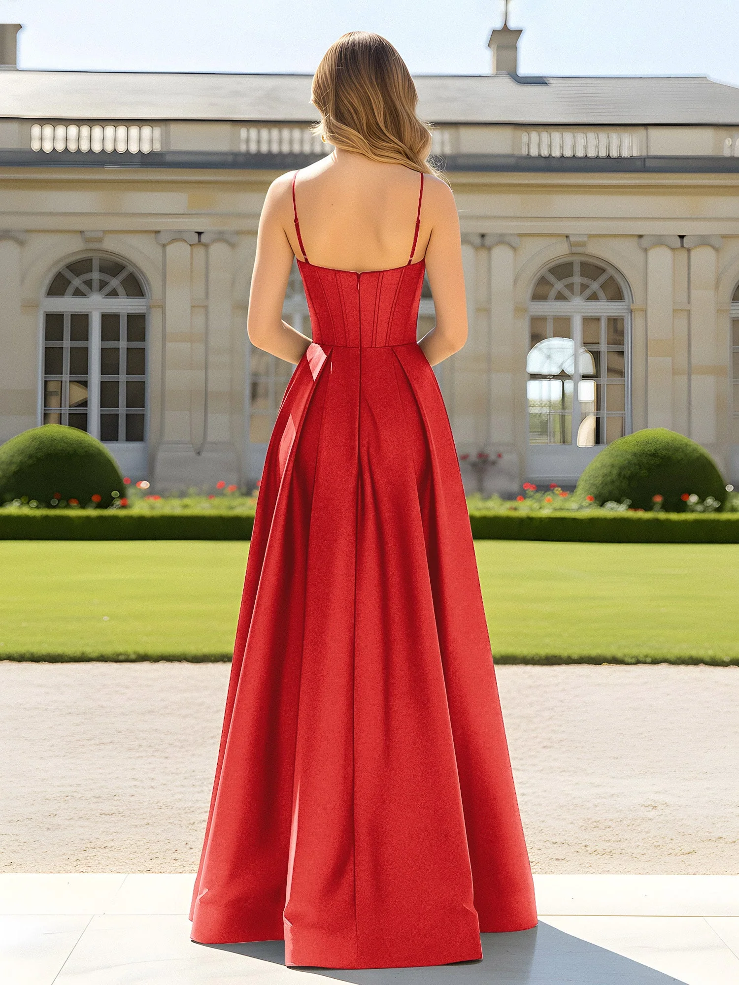 A-Linie Spaghettiträger Cowl Ausschnitt Satin Kleid Rot - Image 2