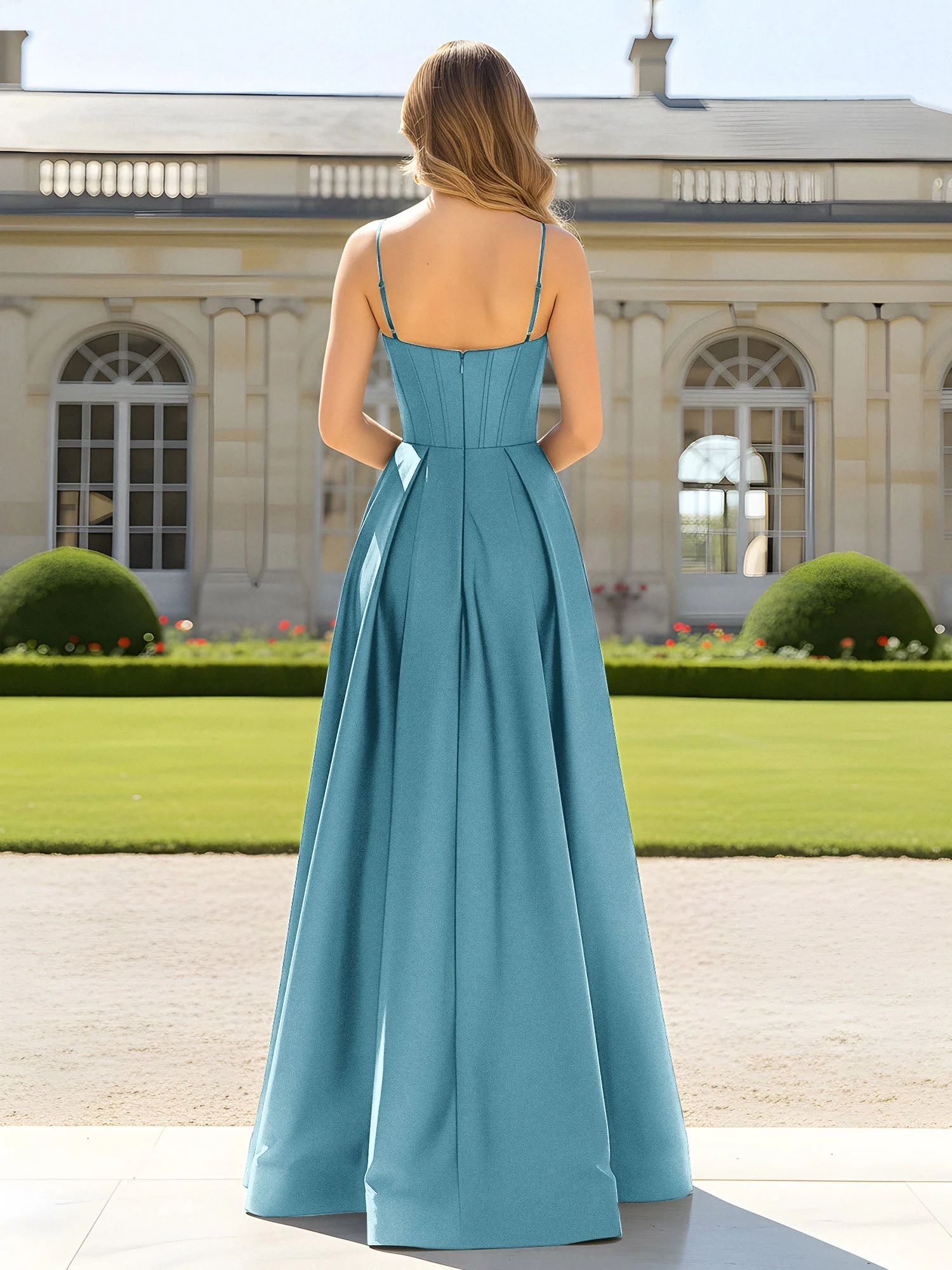 A-Linie Spaghettiträger Cowl Ausschnitt Satin Kleid Schwimmbadblau - Image 2